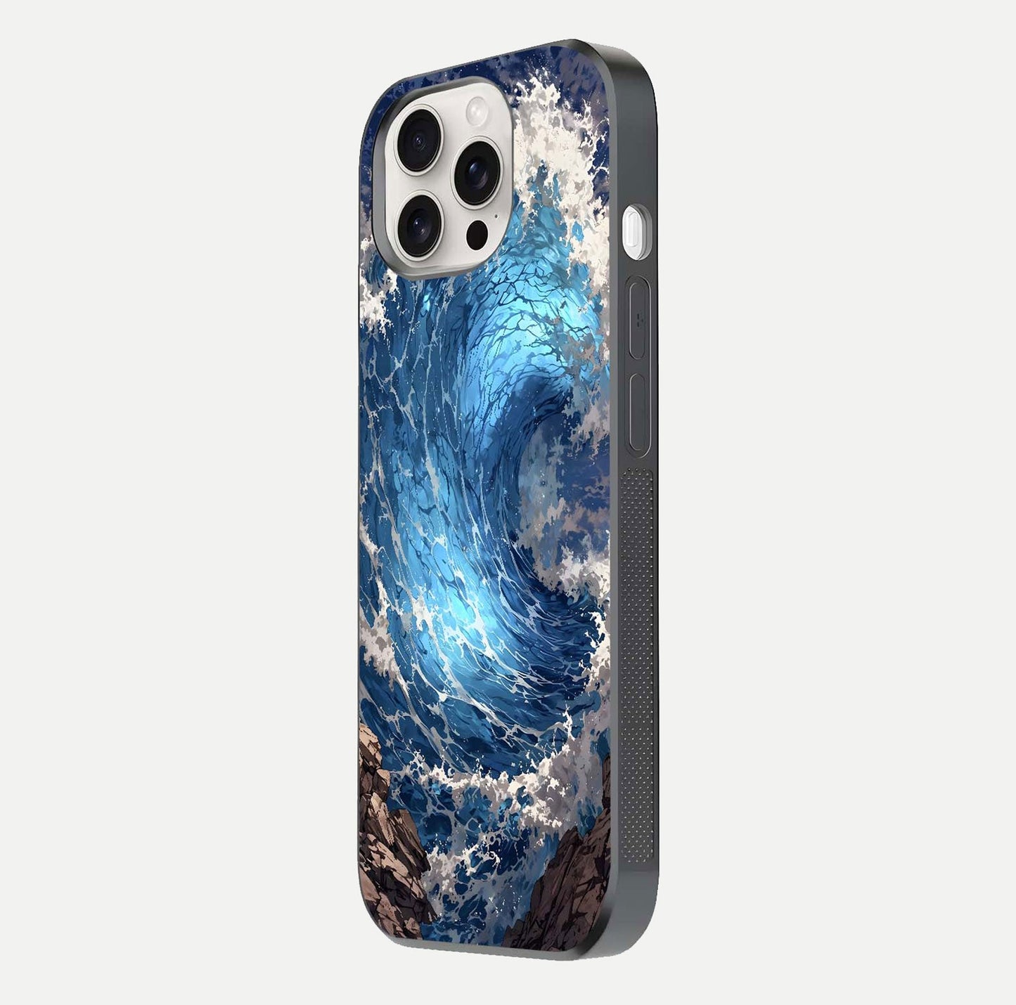 Giant Ocean Wave Glass Case for iPhone 15 Pro Max side-angle image showing light reflection and ocean detail