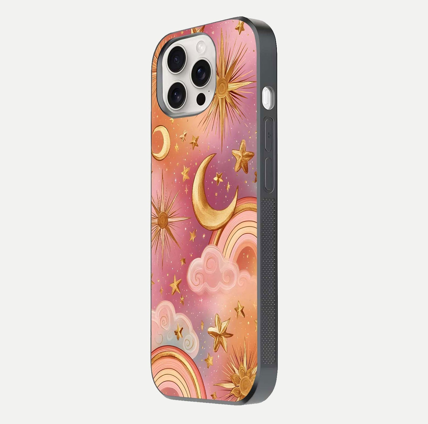 Golden Celestial Dreams Glass Case for iPhone 15 Pro Max side-angle image capturing reflection brightness and starry detail