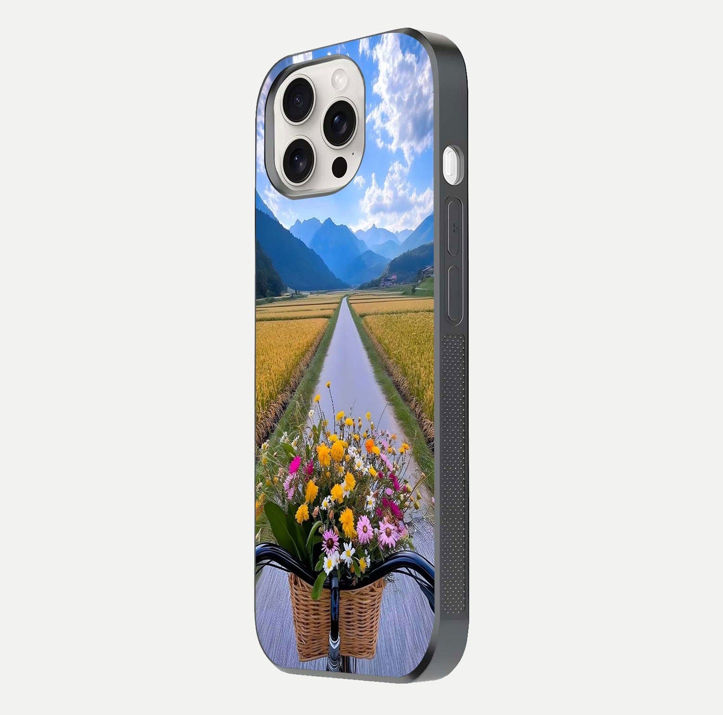 Golden Field Journey Glass Case for iPhone 15 Pro Max side-angle image showing golden glow, reflection shine, and curved edge