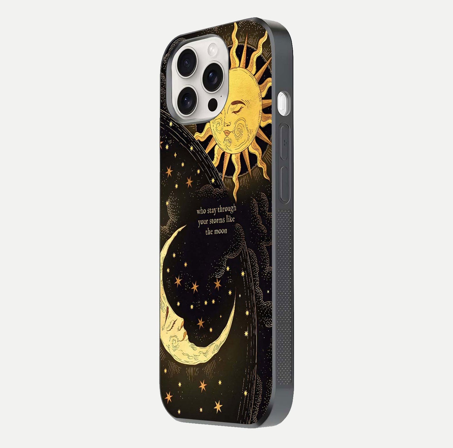 Golden Lunar Love Glass Case for iPhone 15 Pro Max side-angle image showing reflection brilliance and smooth golden tone