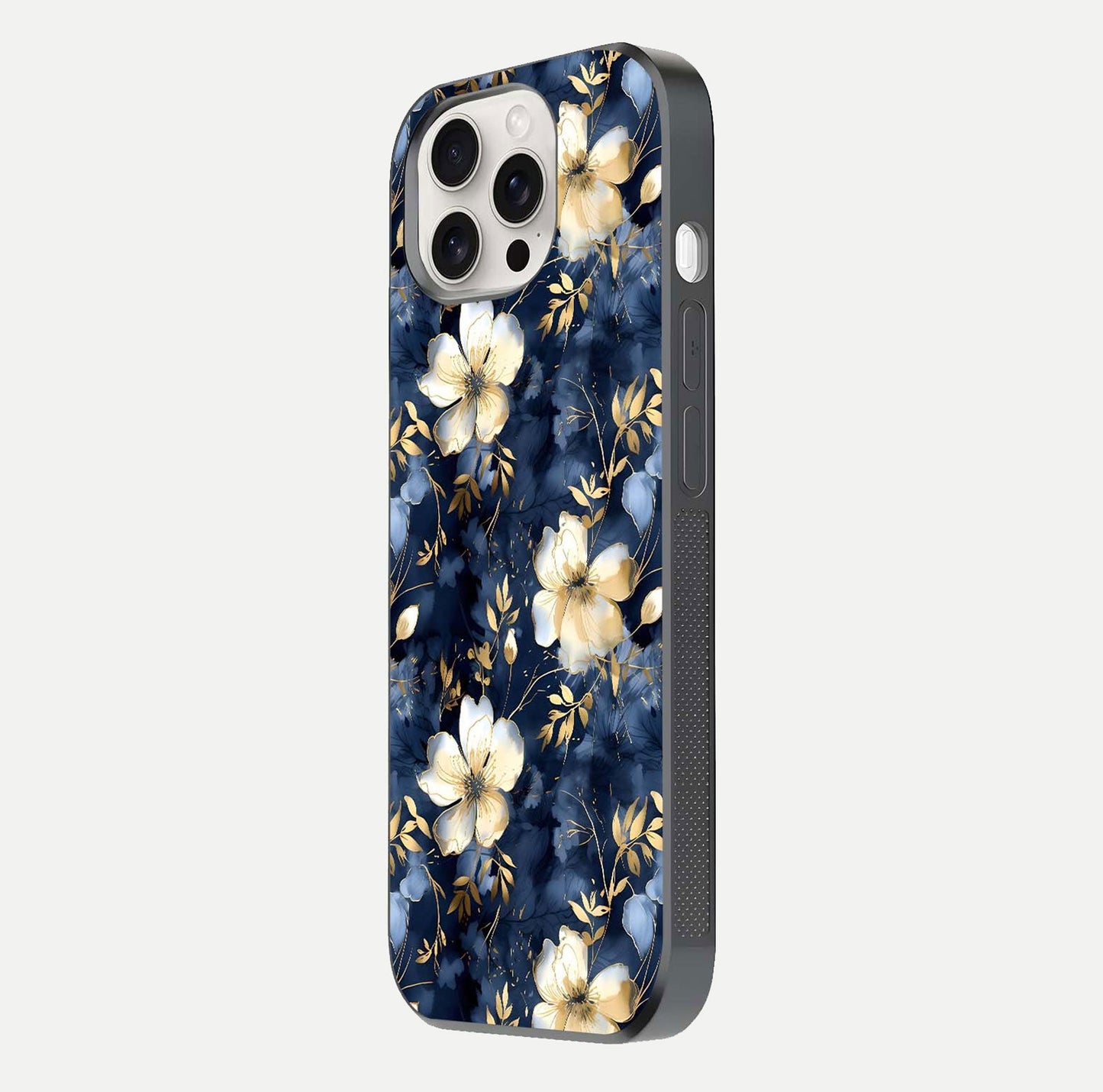 Golden Midnight Bloom Glass Case for iPhone 15 Pro Max side-angle image showing shine depth and elegant edge design