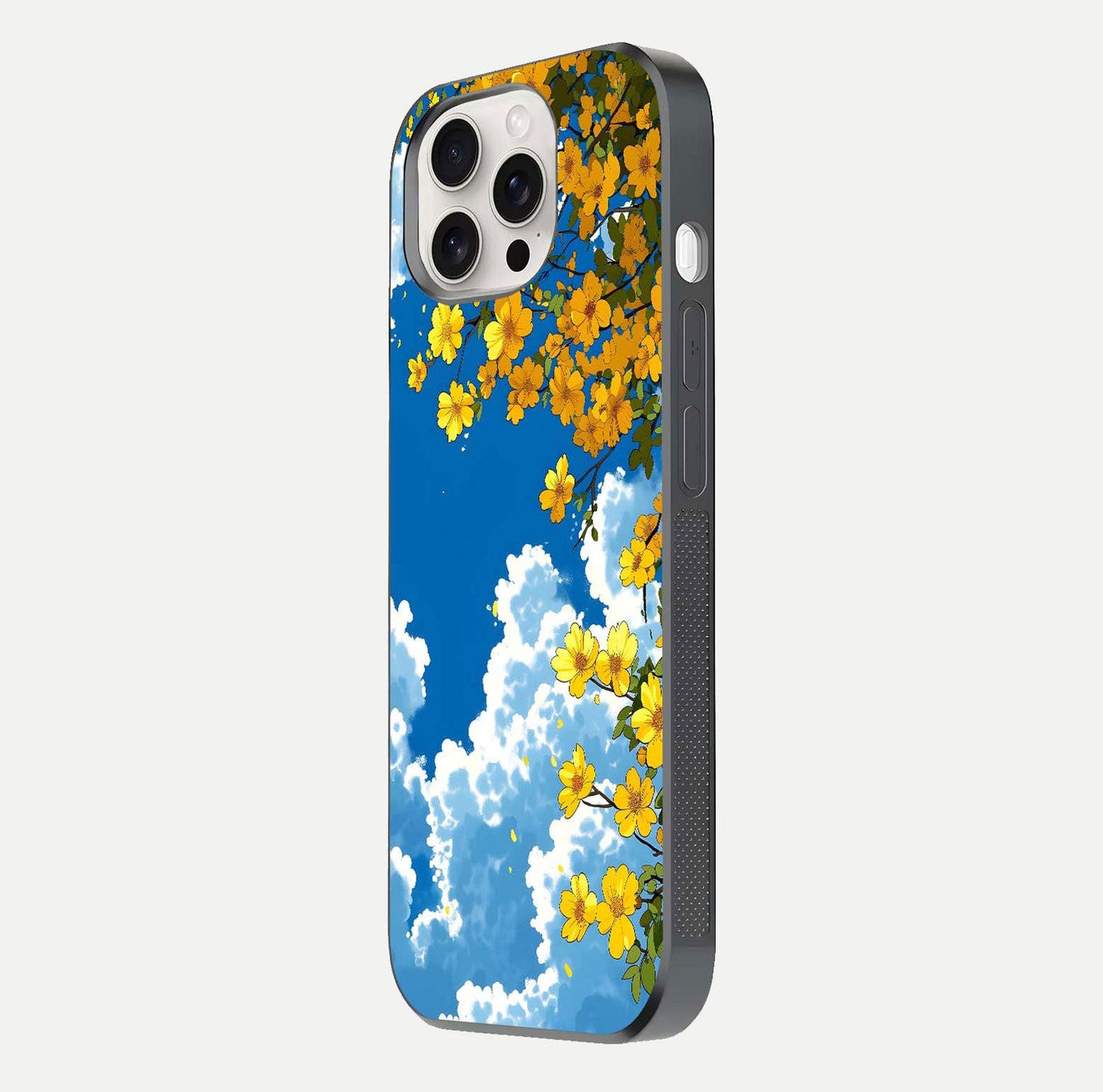 Golden Petal Sky Glass Case for iPhone 15 Pro Max side-angle image showing reflection depth and metallic floral tones