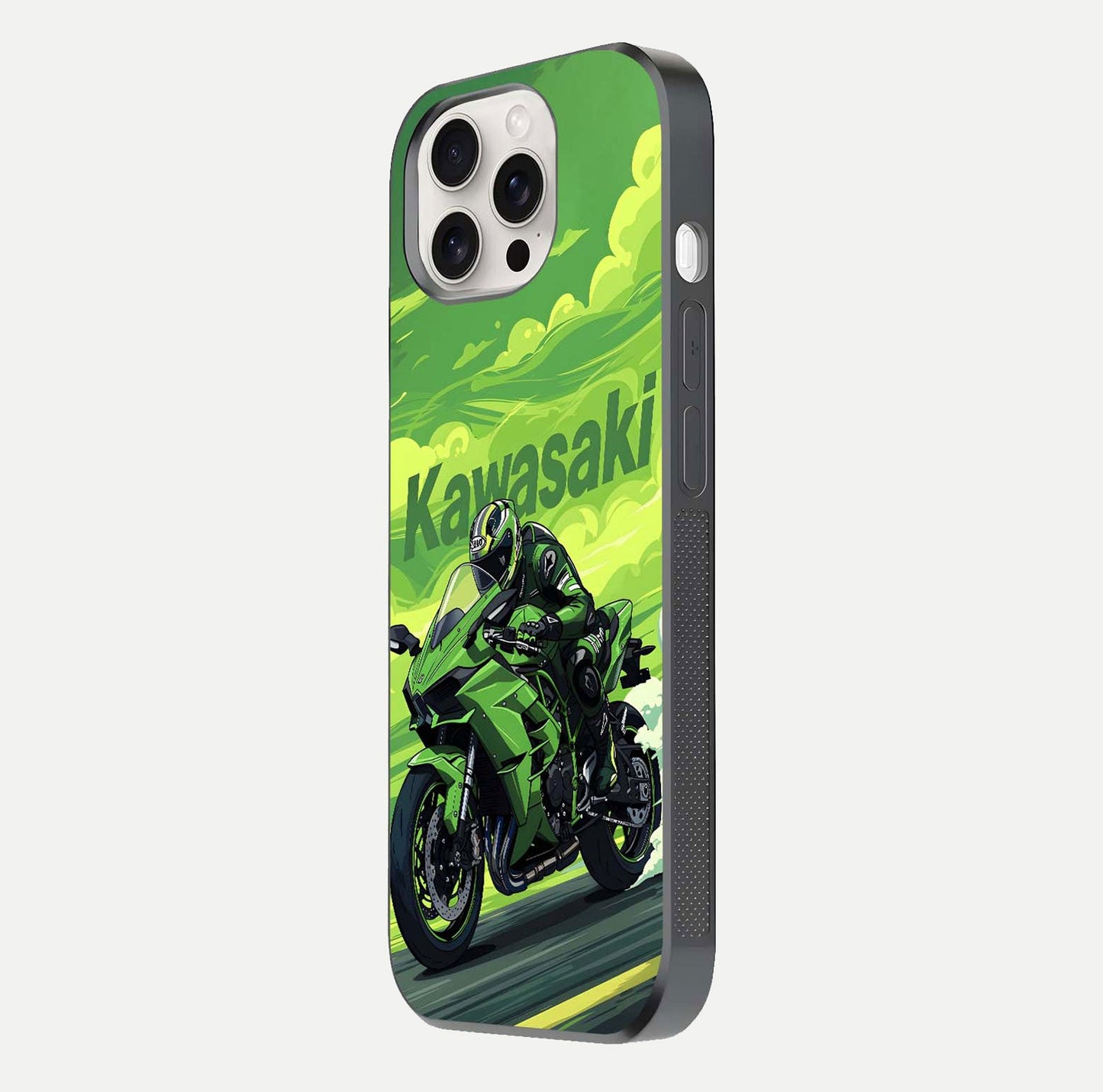 Green Kawasaki Glass Case for iPhone 15 Pro Max side-angle image showing reflection depth and metallic green accent