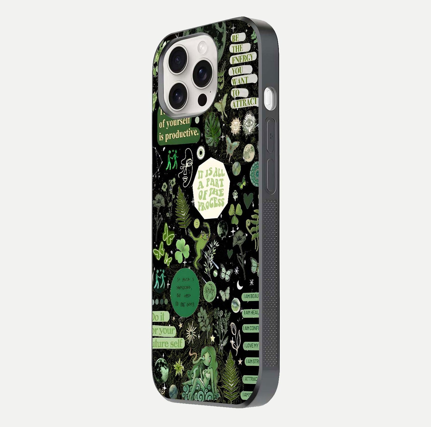 Green Moon Energy Glass Case for iPhone 15 Pro Max side-angle image showing reflection brilliance and curved finish