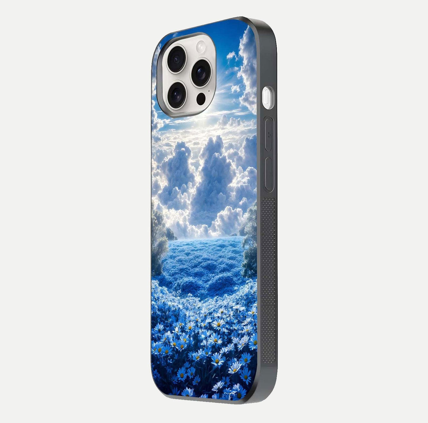Heavenly Daisy Horizon Glass Case for iPhone 15 Pro Max side-angle image showing reflection depth and floral glow