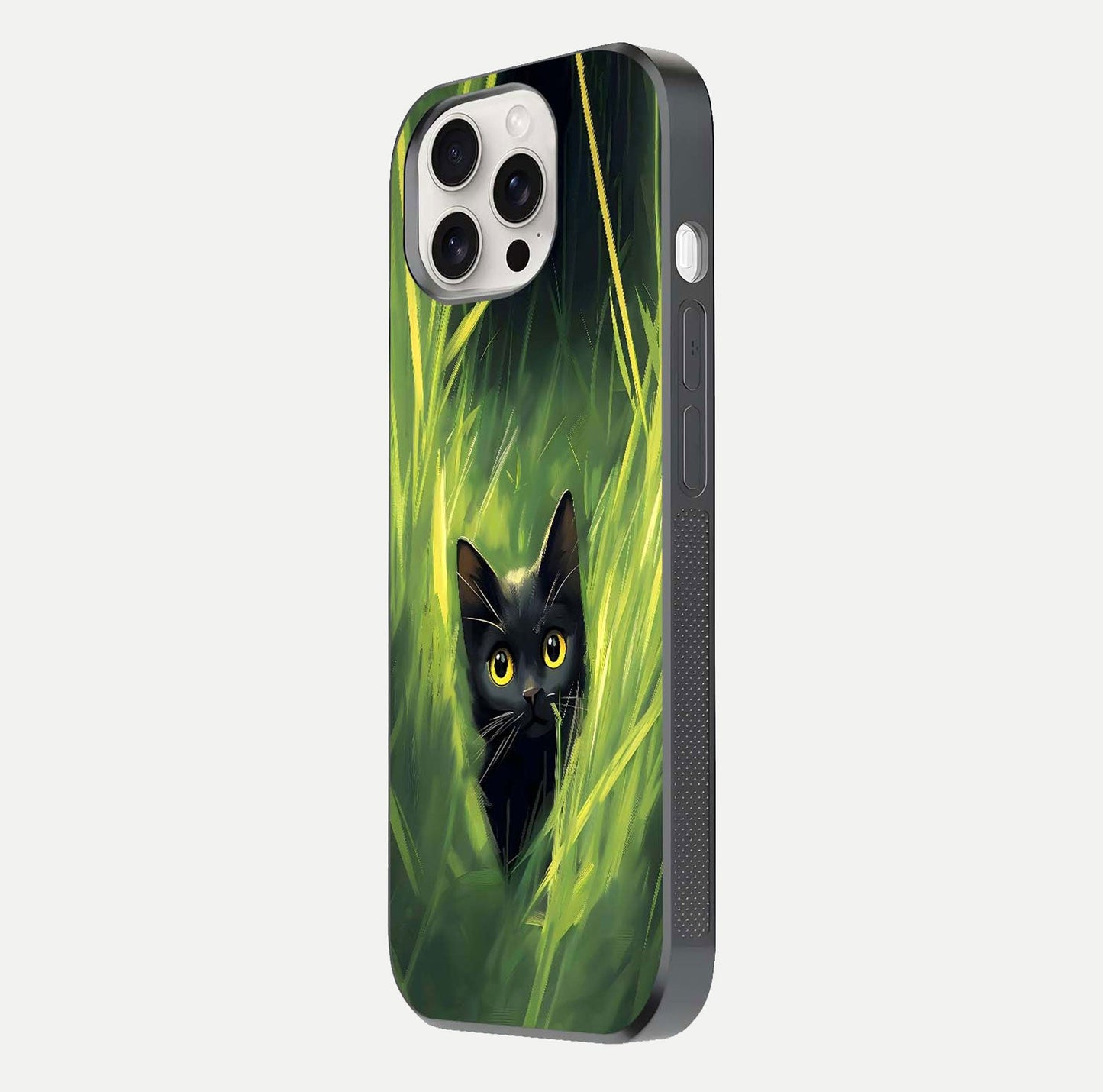 Hidden Cat Whisper Glass Case for iPhone 15 Pro Max side-angle image showing reflection glow and subtle artistic texture