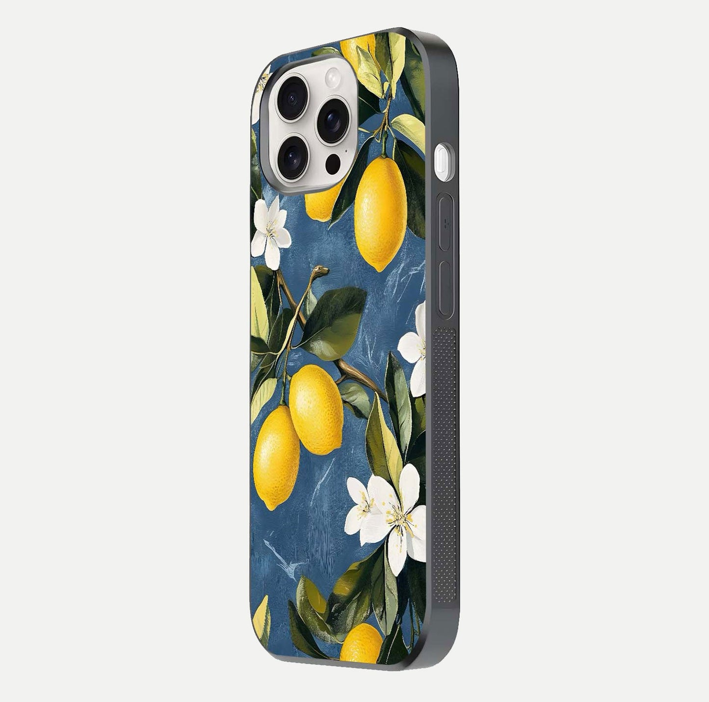 Lemon Dream Garden Glass Case for iPhone 15 Pro Max side-angle image showing reflection clarity and artistic fruit design
