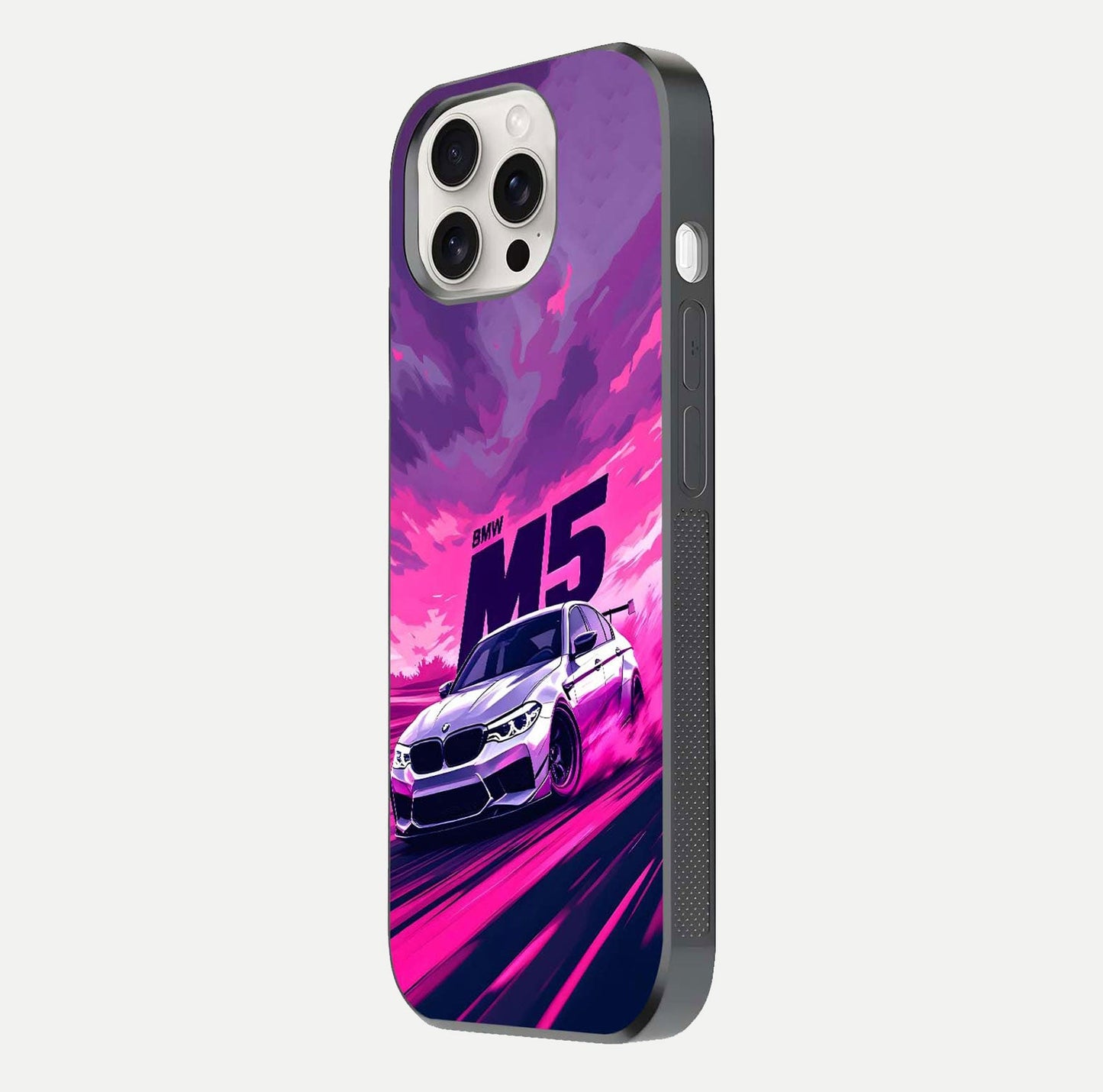 MS Neon Car Glass Case for iPhone 15 Pro Max side-angle image showing glow reflection and car detailing