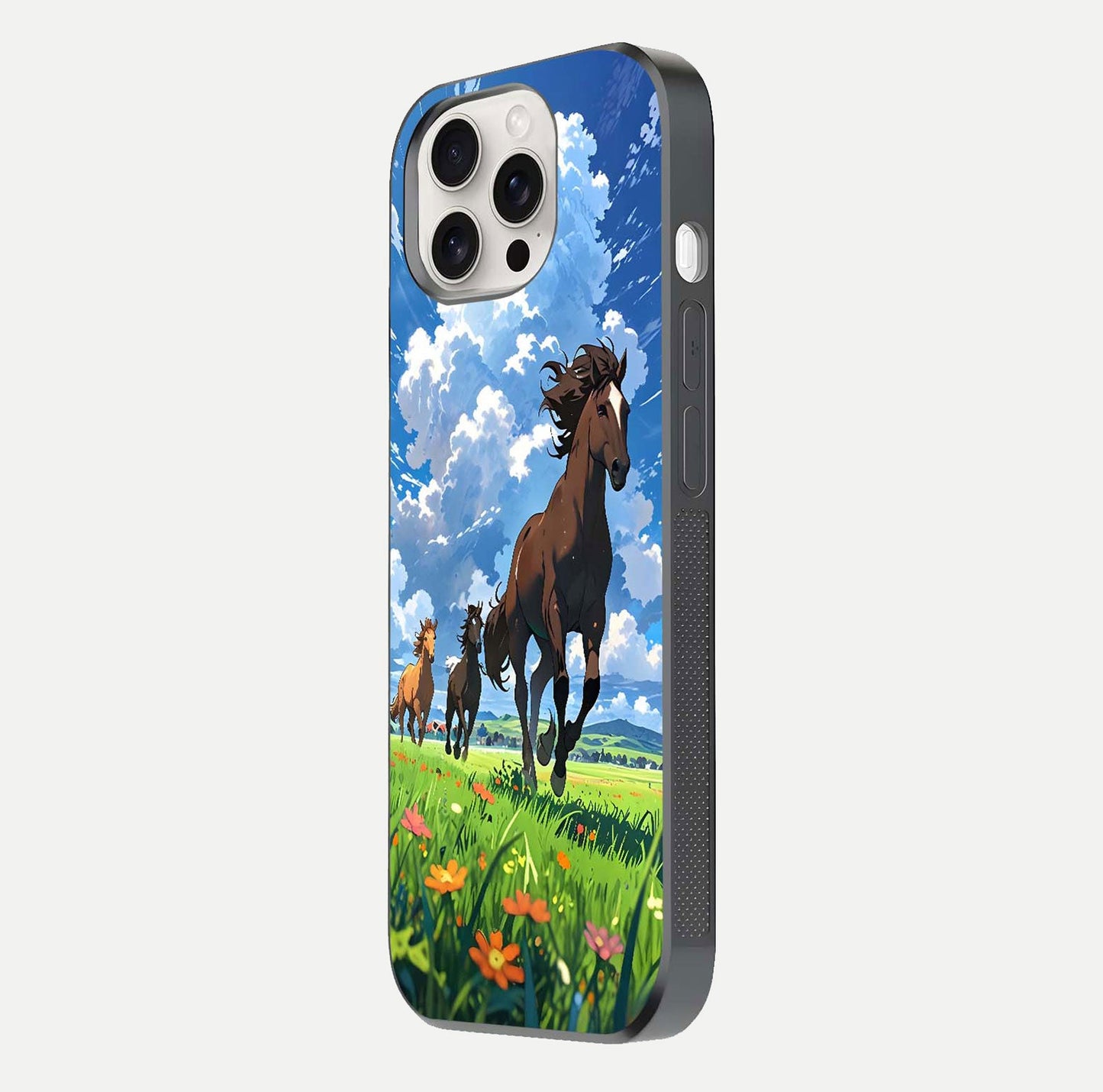 Majestic Horses Galloping Glass Case for iPhone 15 Pro Max side-angle shot emphasizing reflection and running artwork