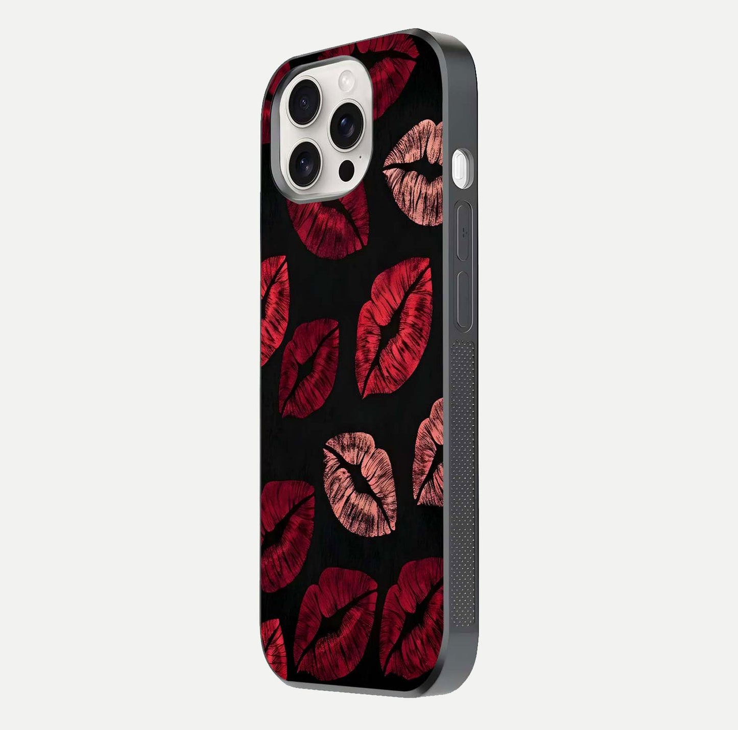 Midnight Kiss Love Glass Case for iPhone 15 Pro Max side-angle image revealing gloss texture and deep love motif