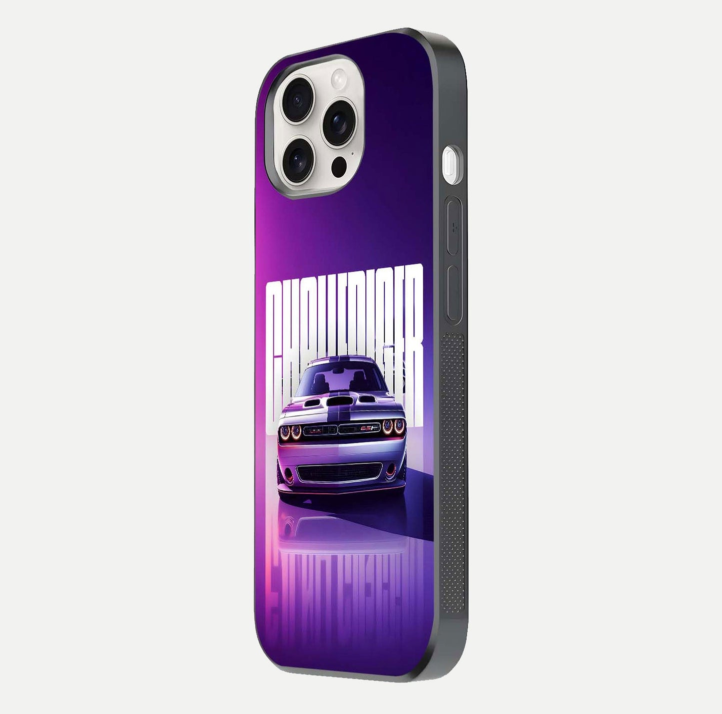 Midnight Muscle Ride Glass Case for iPhone 15 Pro Max side-angle image showing reflection clarity and bold design