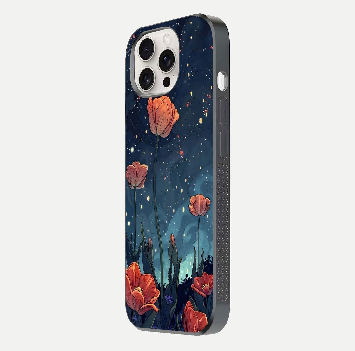 Midnight Tulip Glow Glass Case for iPhone 15 Pro Max side-angle image showing shine depth and flower artwork