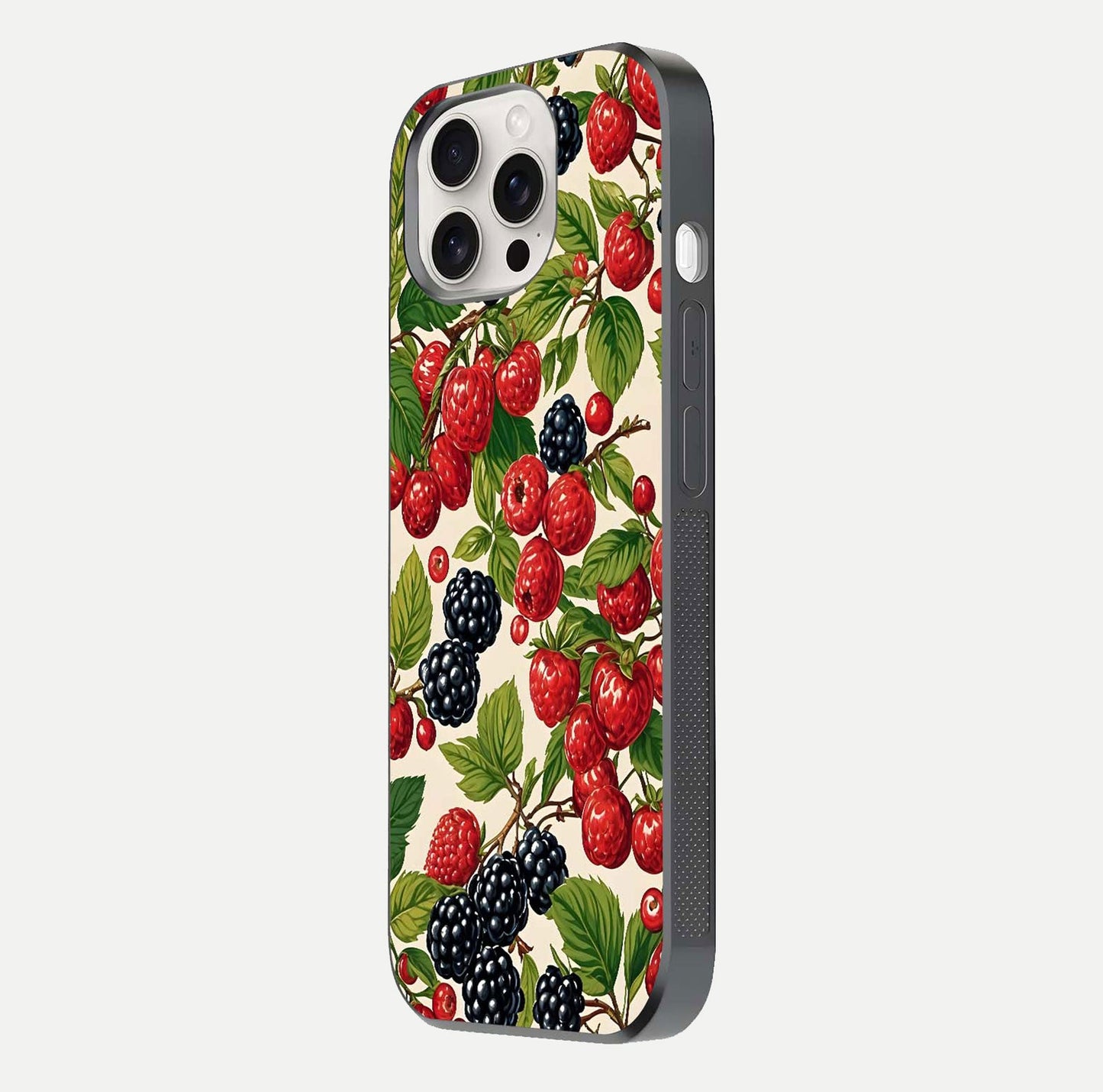 Mixed Berry Collage Glass Case for iPhone 15 Pro Max side-angle image showing reflection and HD fruit texture