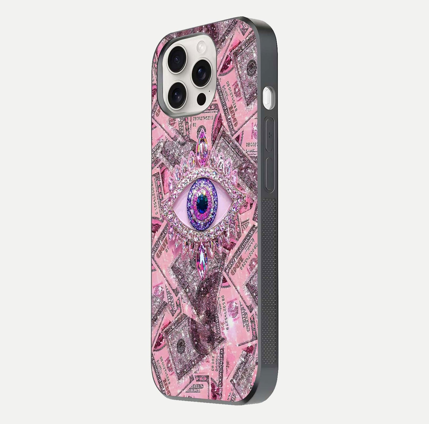 Money Eye Luxe Glass Case for iPhone 15 Pro Max side-angle image showing HD reflection and luxury print clarity