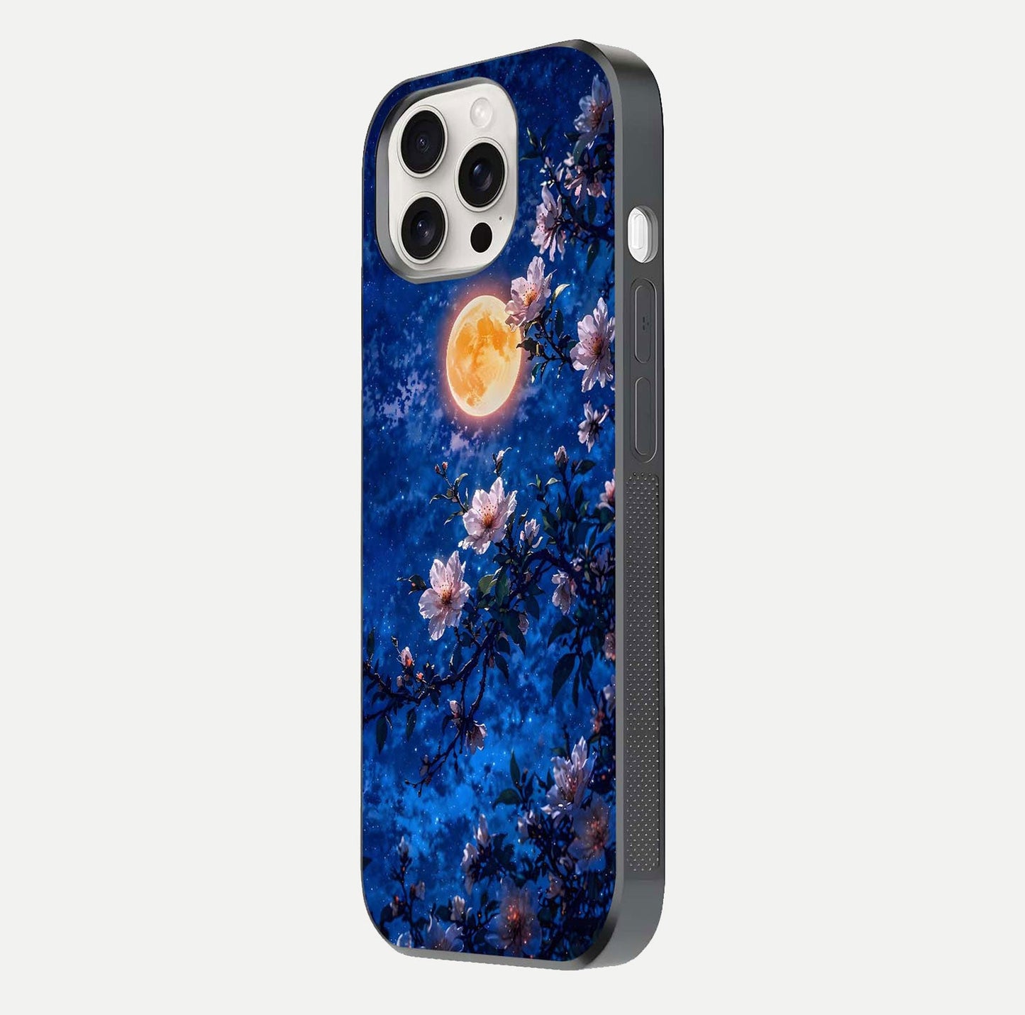 Moonlit Blossoms Night Glass Case for iPhone 15 Pro Max side-angle image revealing shine and night bloom texture