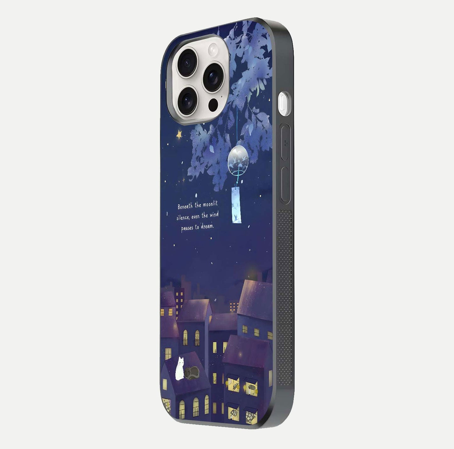 Moonlit Cat Silence Glass Case for iPhone 15 Pro Max side-angle image showing HD gloss and feline artwork detail