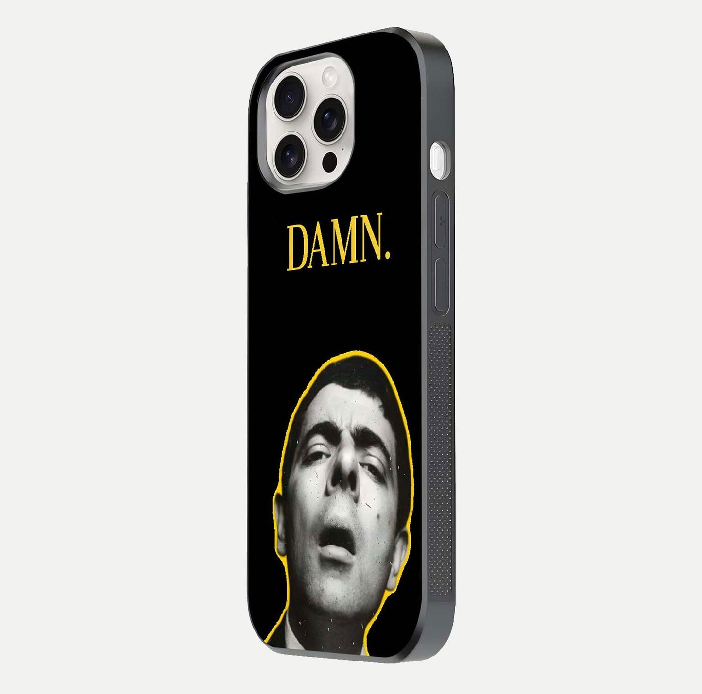 Mr Bean Damn Glass Case for iPhone 15 Pro Max side-angle image emphasizing HD print clarity and playful theme