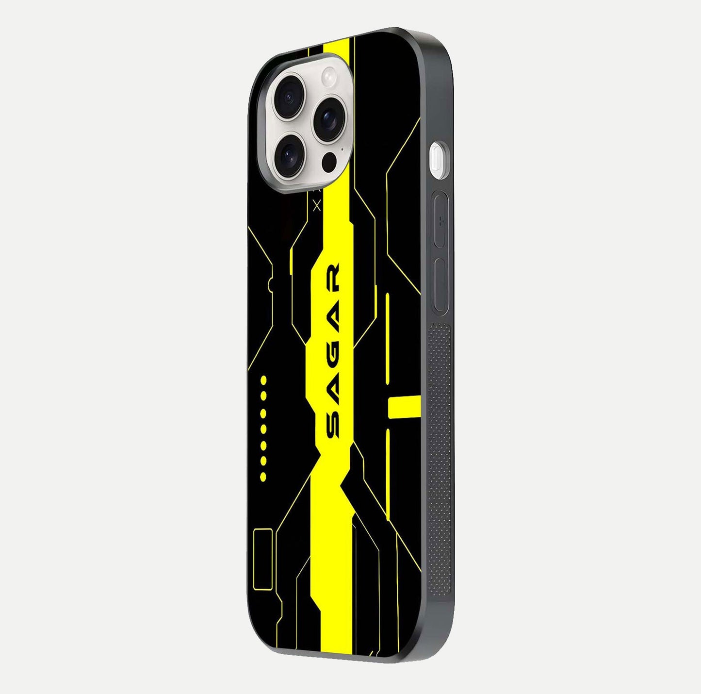 Neon CYBERPUNK Custom Name Glass Case for iPhone 15 Pro Max side-angle image showing glow depth and bold print