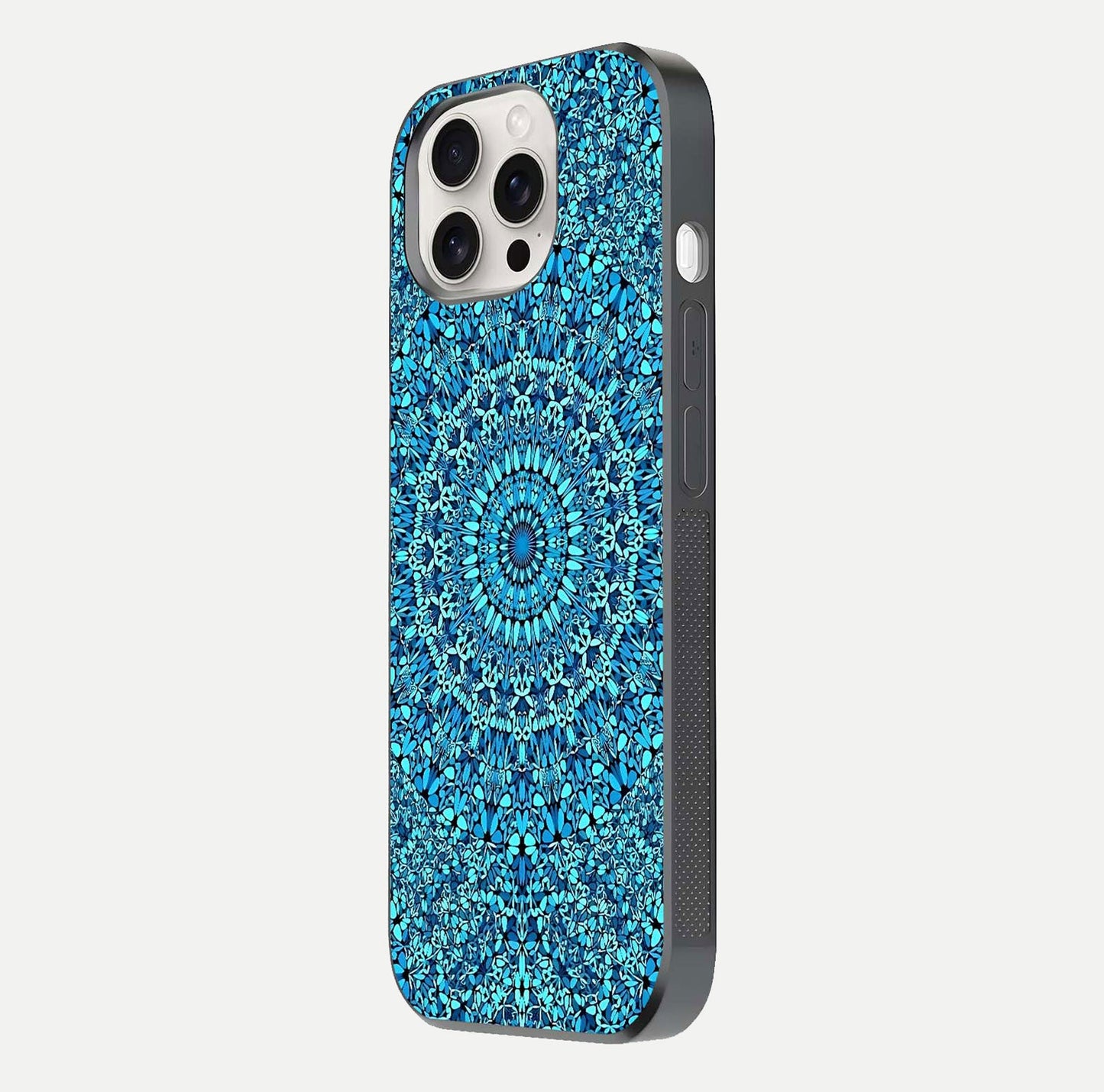 Ocean Bloom Mandala Glass Case for iPhone 15 Pro Max side-angle image showing reflection and detailed floral pattern