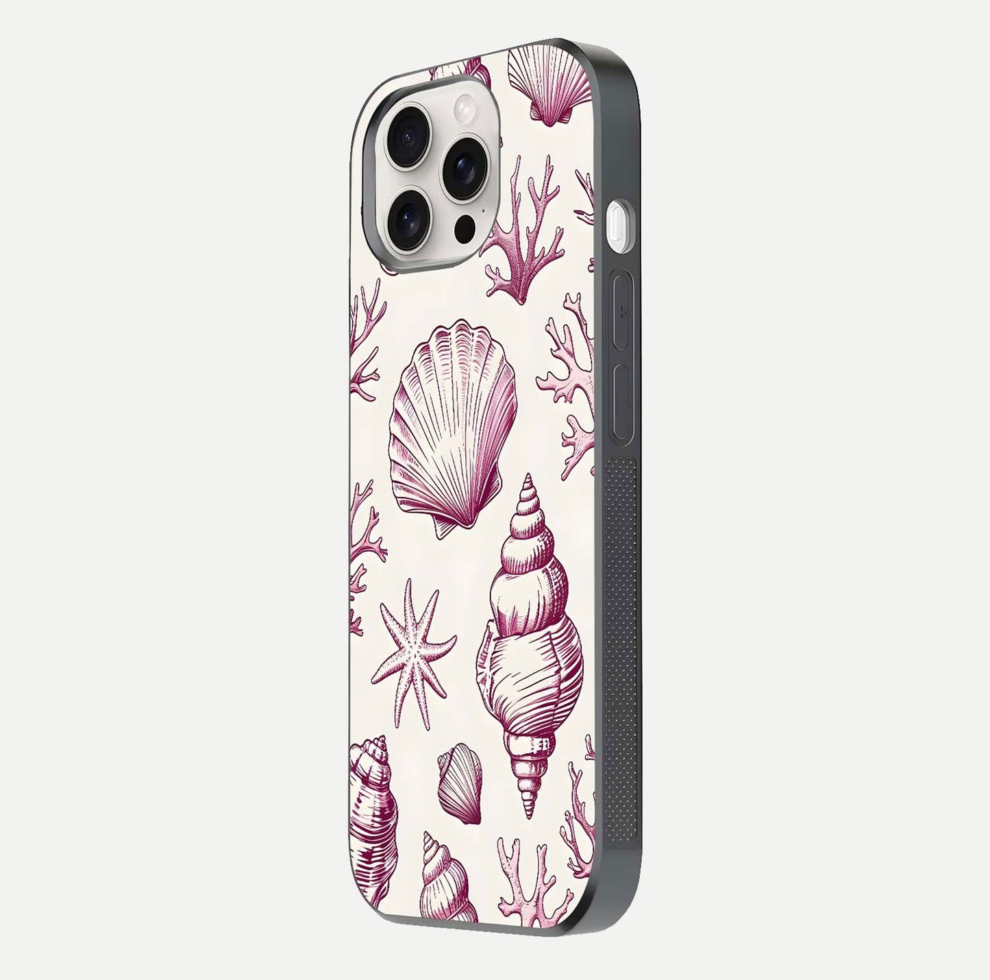Pink Shells Outline Glass Case for iPhone 15 Pro Max side-angle image showing shine and intricate outline texture