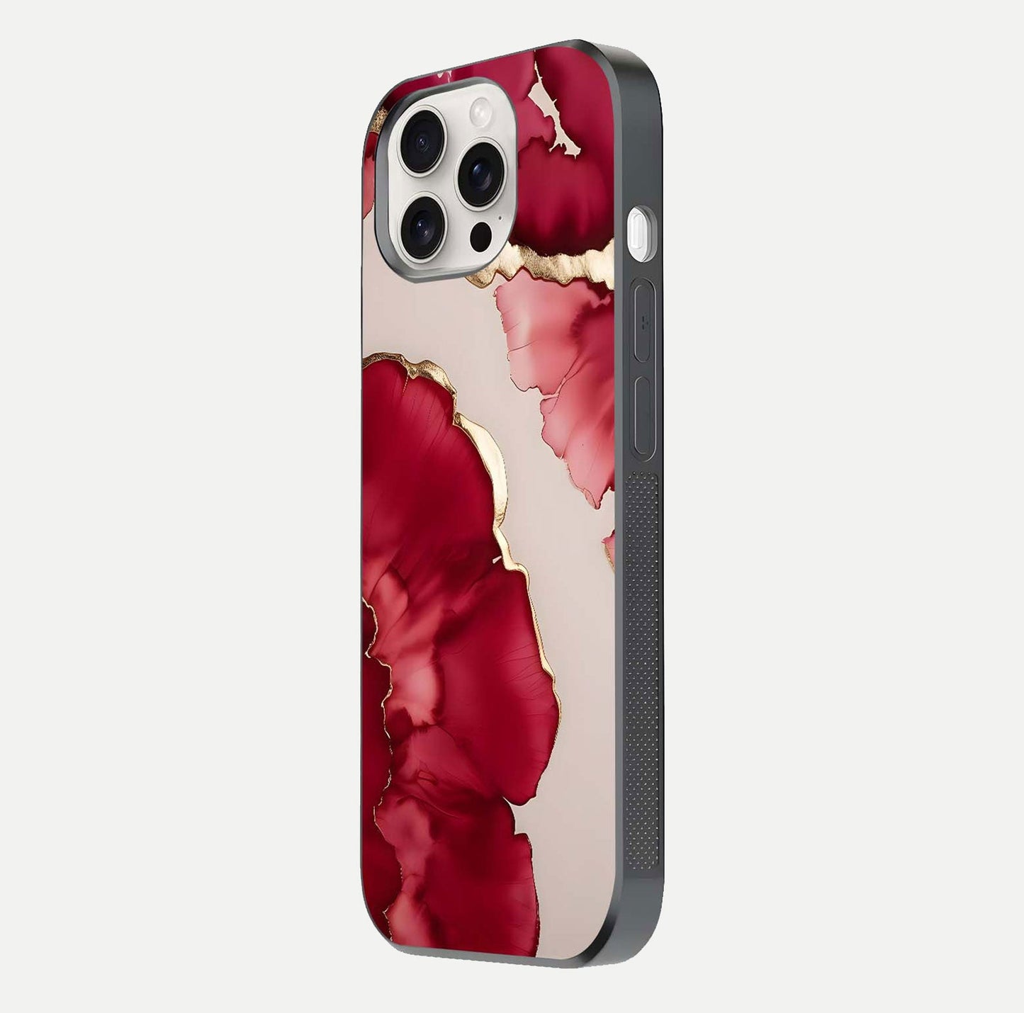 Pink & White Marble Glass Case for iPhone 15 Pro Max side-angle image revealing reflection and clean tone balance