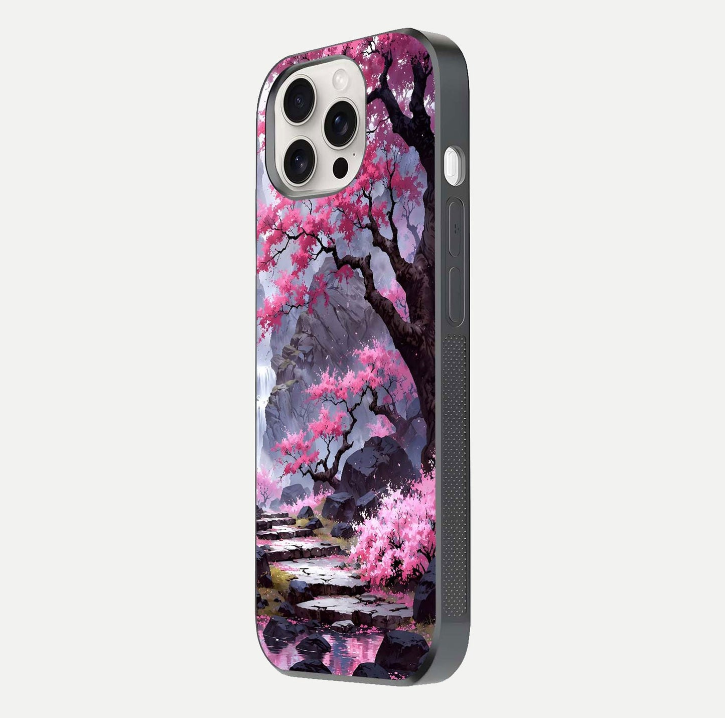 Pinkish Scenery Glass Case for iPhone 15 Pro Max side-angle image showing depth, gloss, and scenic details