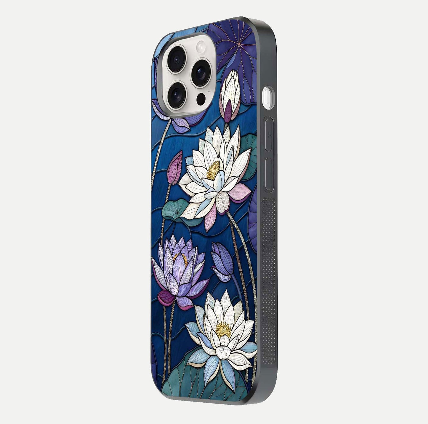 Purple Lotus Stained Glass Case for iPhone 15 Pro Max side-angle image showing gloss, reflection, and intricate detailing