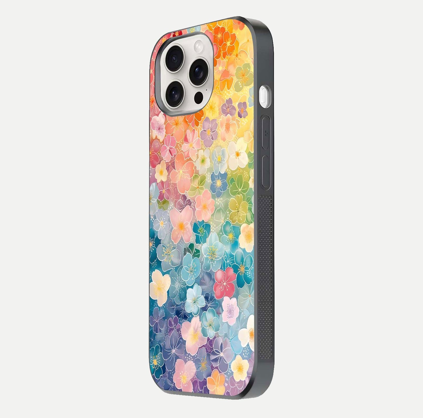 Rainbow Blossom Burst Glass Case for iPhone 15 Pro Max side-angle image showing reflection and floral burst detail