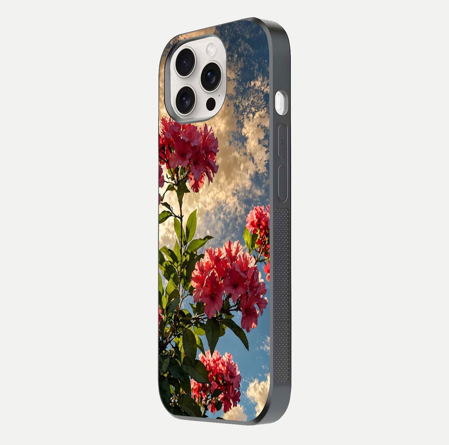 Red Bloom Skies Glass Case for iPhone 15 Pro Max side-angle image showing reflection, print clarity, and tone blend
