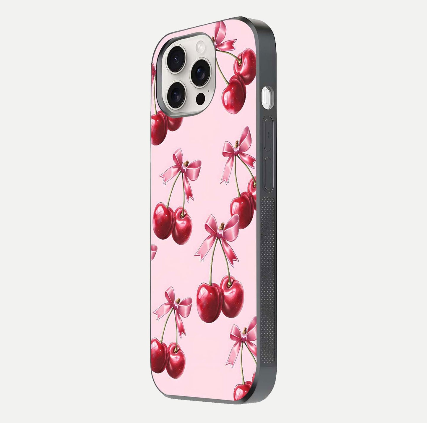 Red Cherries Pattern Glass Case for iPhone 15 Pro Max side-angle image showing gloss surface and cherry details