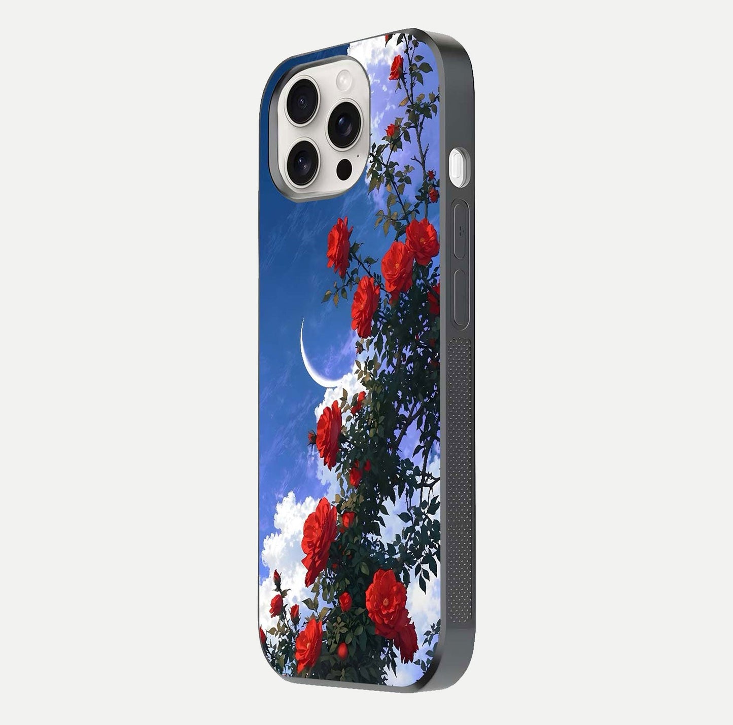 Rose Drift Flowers Glass Case for iPhone 15 Pro Max side-angle image showing reflection and petal detail