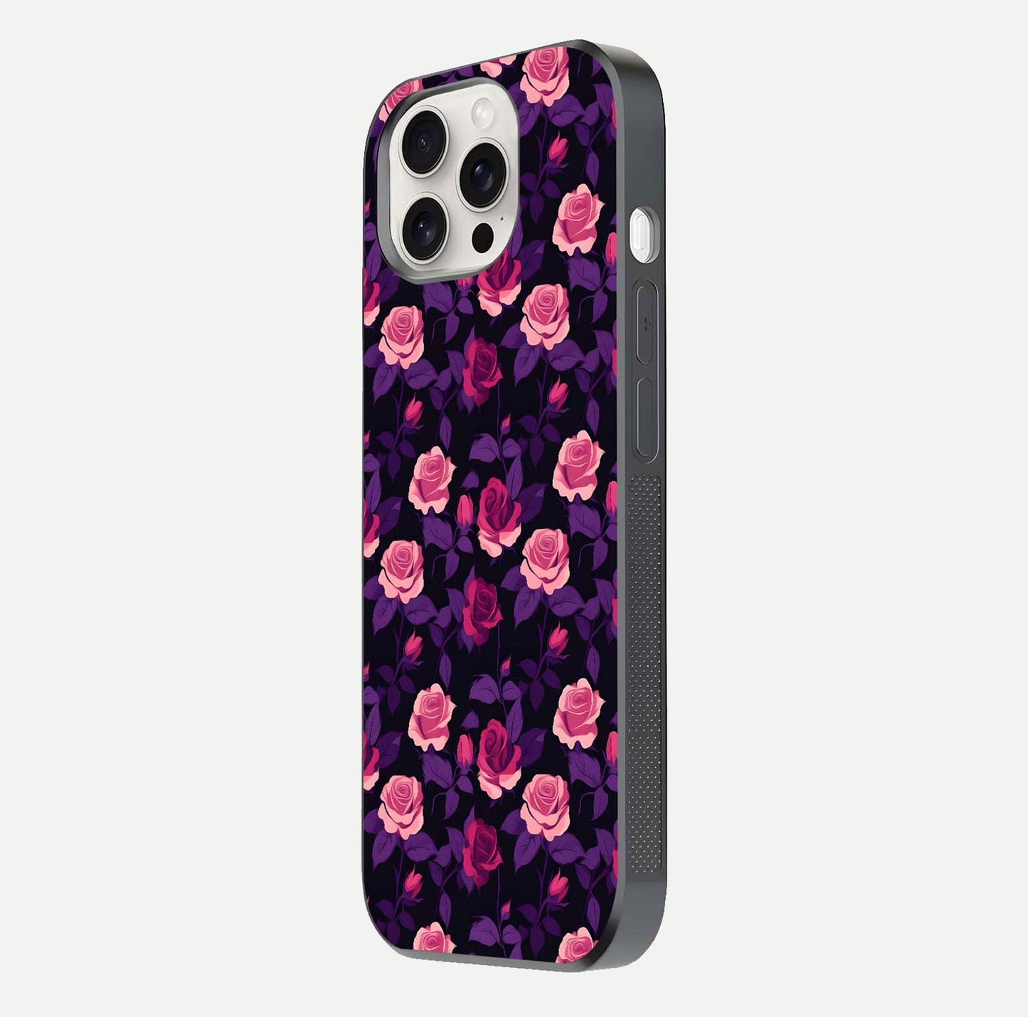Rose Garden Twilight Glass Case for iPhone 15 Pro Max side-angle image showing reflection, gloss, and floral detail