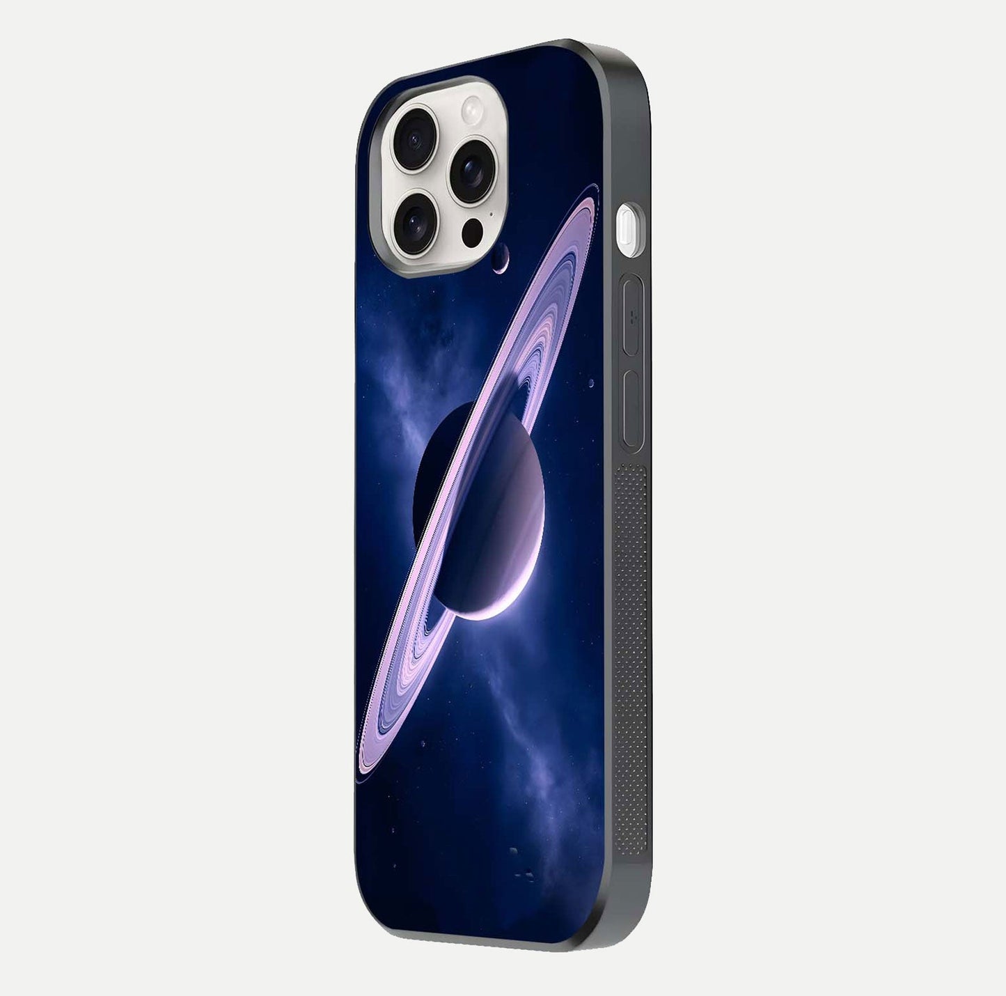 Saturn Ring Mystique Glass Case for iPhone 15 Pro Max side-angle image showing shine and galaxy ring focus