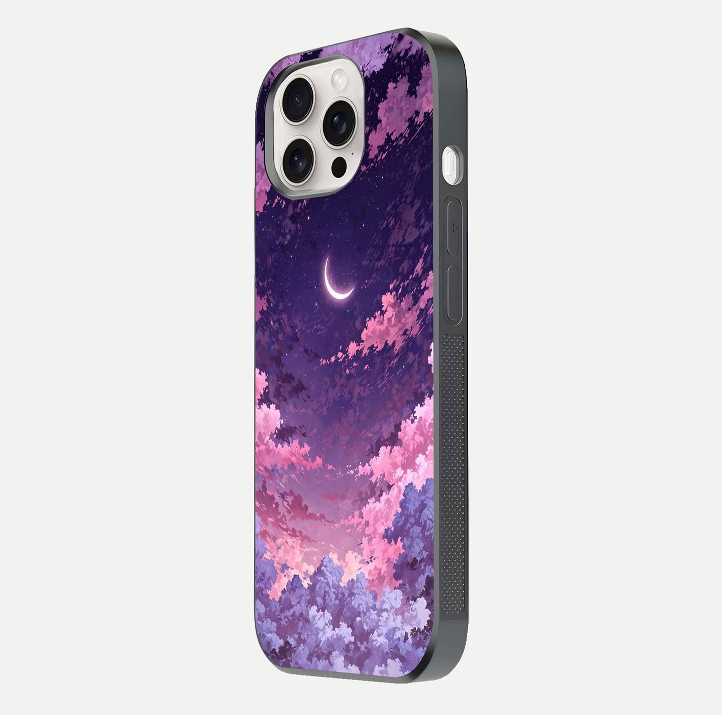 Sky Drift Clouds Glass Case for iPhone 15 Pro Max side-angle image showing reflection, blue tones, and soft gradient