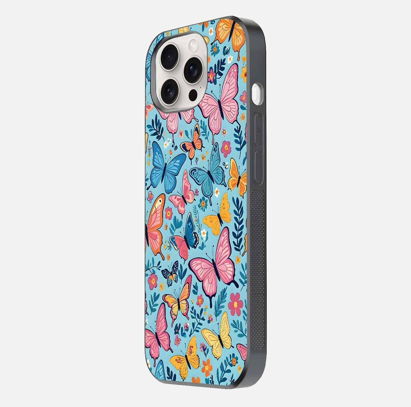 Spring Wing Garden Glass Case for iPhone 15 Pro Max side-angle image showing shine, color, and pattern depth
