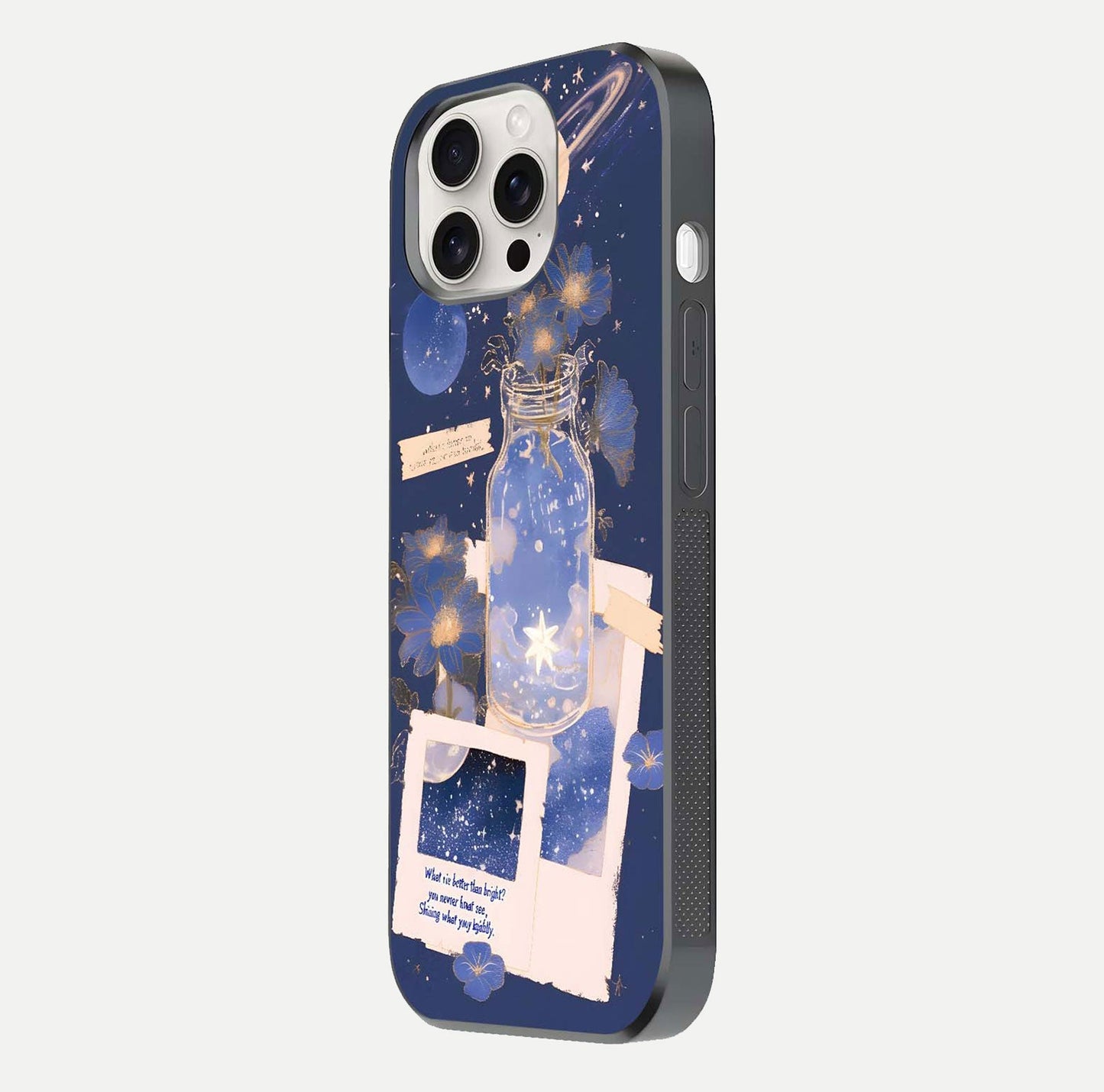 Starlit Cosmic Jar Glass Case for iPhone 15 Pro Max side-angle image showing glow, texture, and light reflection