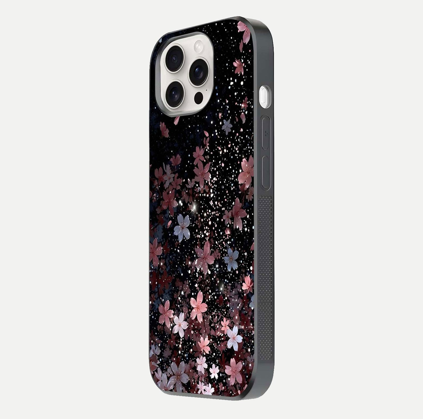 Starlit Flower Dreams Glass Case for iPhone 15 Pro Max side-angle image showing shine, edge detail, and floral contrast