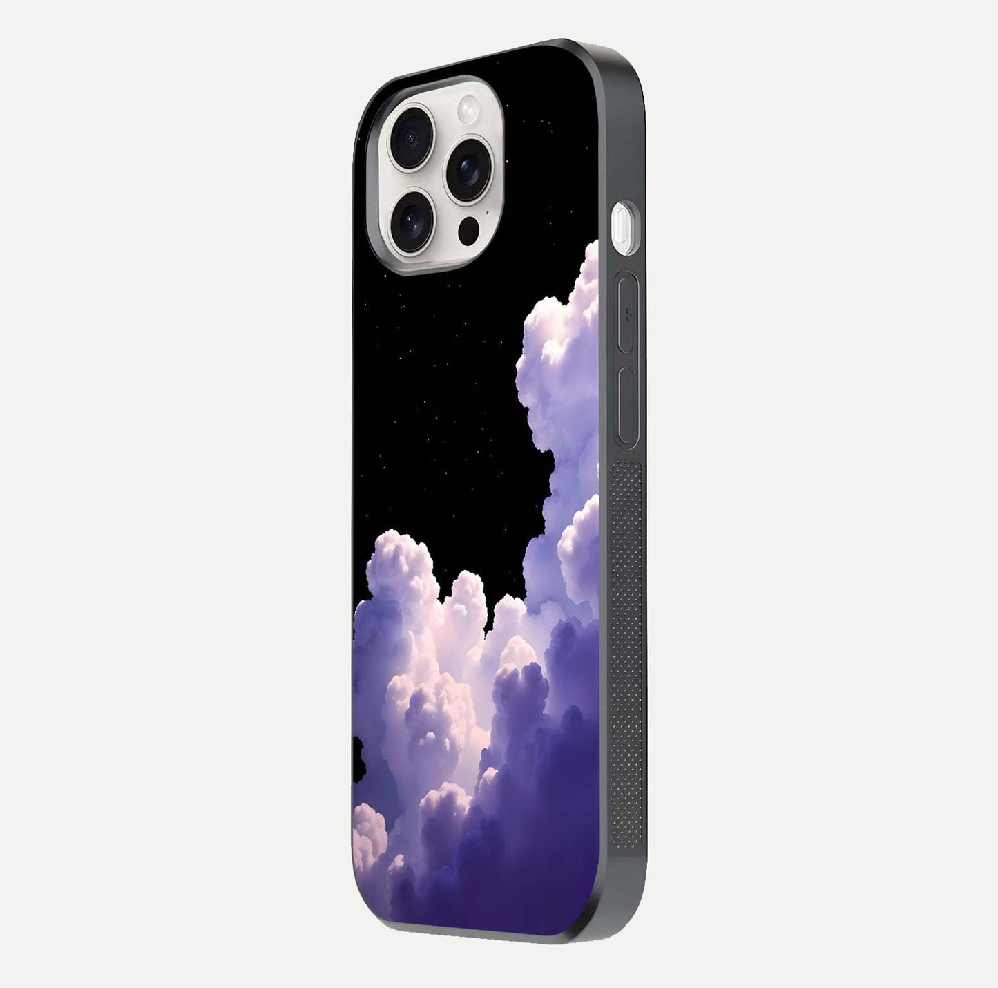 Starlit Night Whispers Glass Case for iPhone 15 Pro Max side-angle image showing reflection and night pattern shine