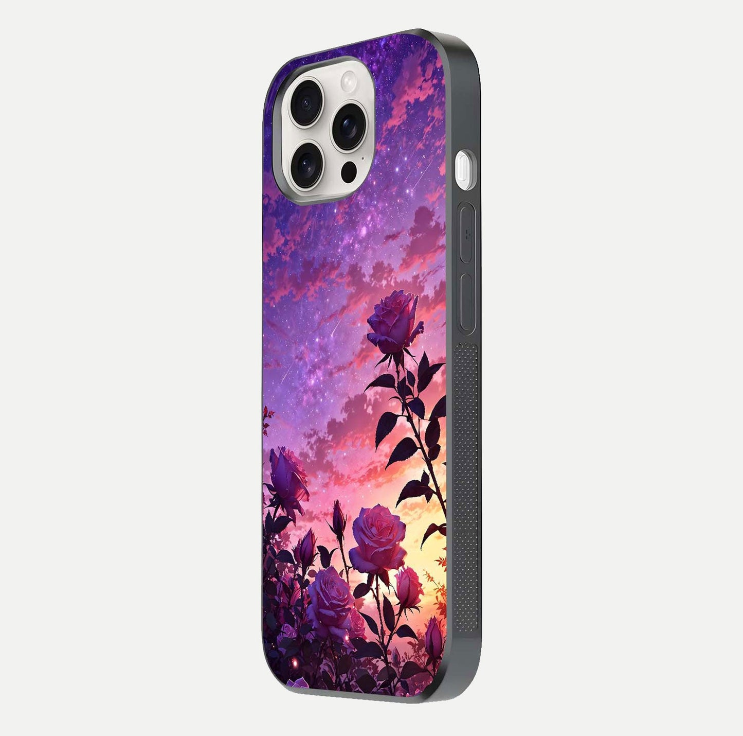 Starlit Rose Twilight Glass Case for iPhone 15 Pro Max side-angle image showing reflection and petal contrast
