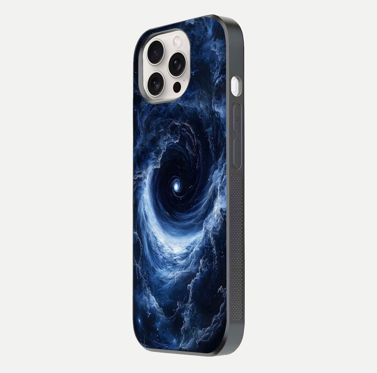Stunning Galaxy Glass Case for iPhone 15 Pro Max side-angle image showing glossy reflection and space detailing