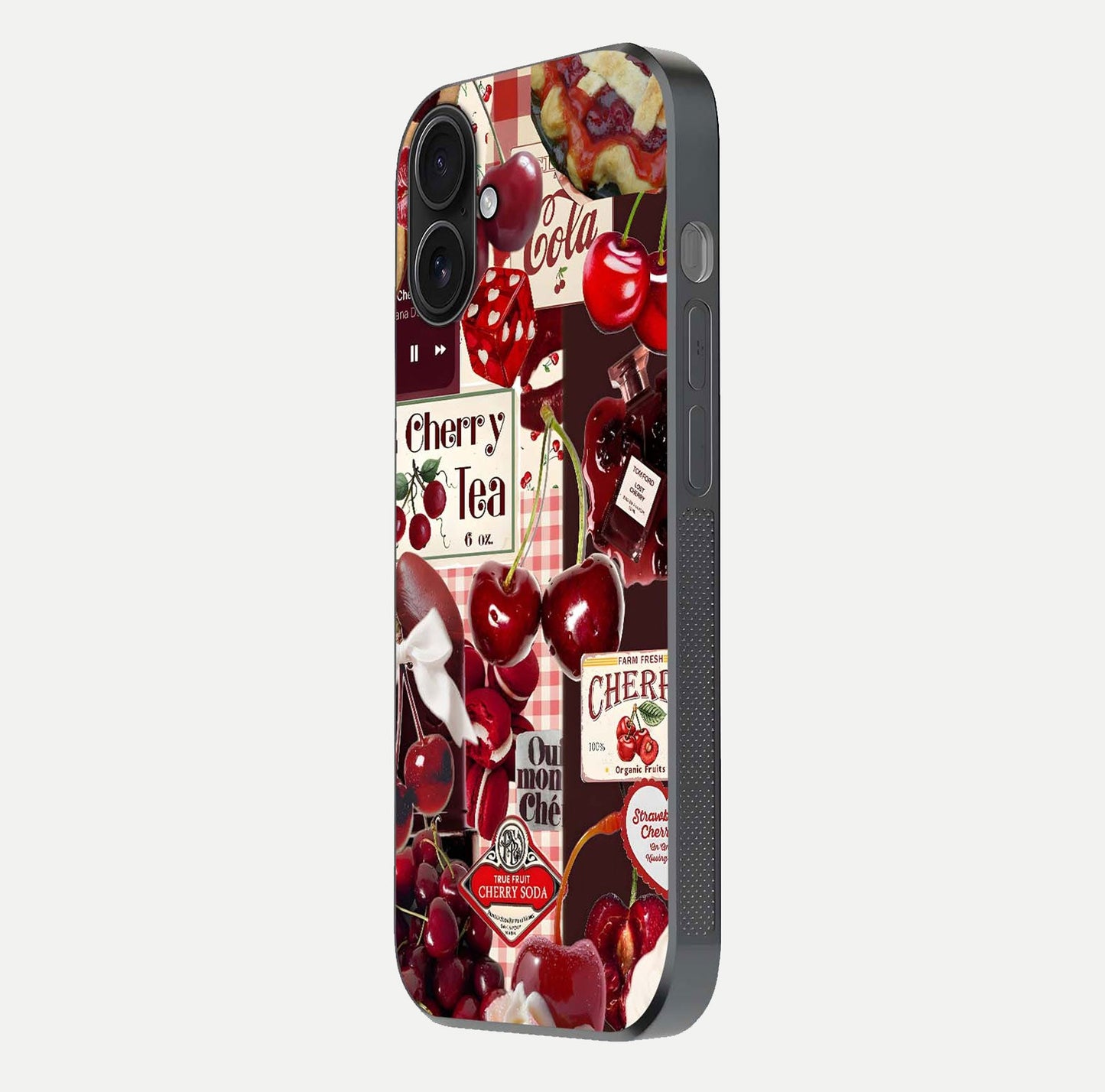 Aesthetic Cherry Tea Glass Case for iPhone 16 side-angle image showing cherry collage print, camera module, and glossy finish reflection