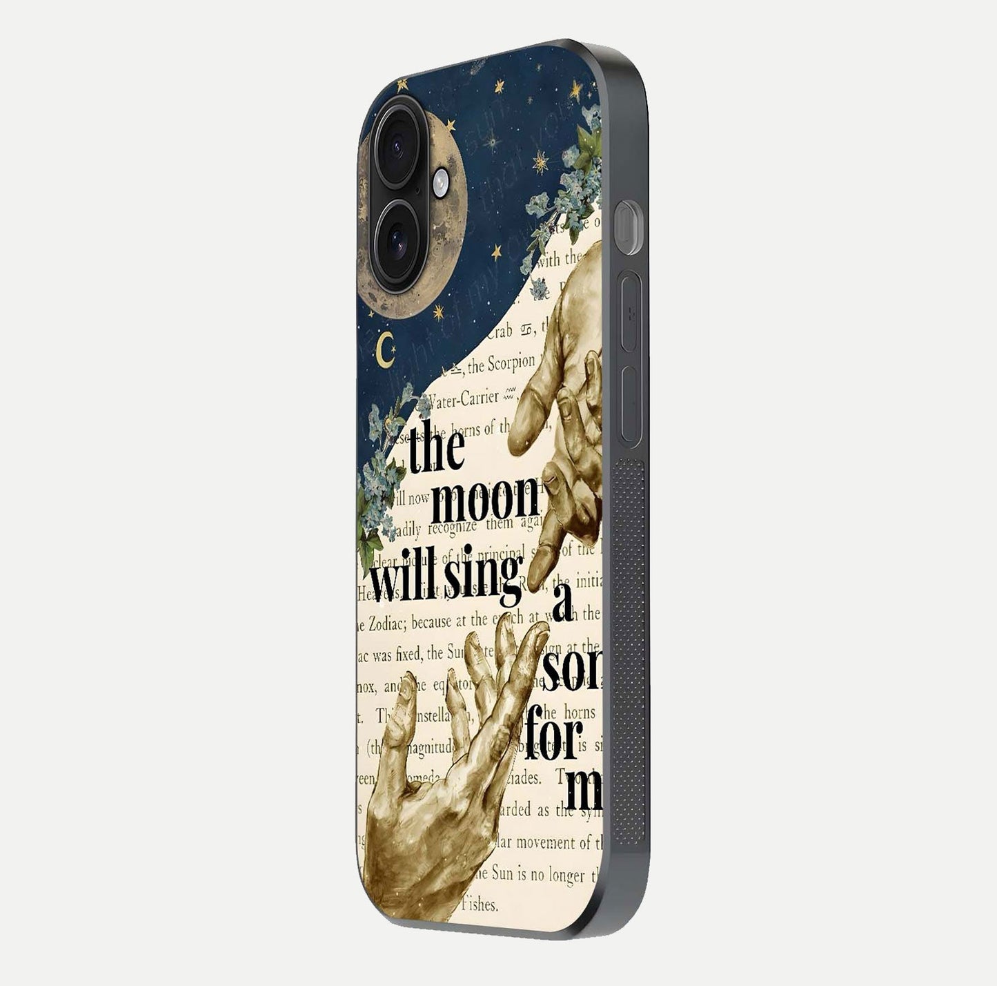 Aesthetic Divine Glass Case for iPhone 16 side-angle image showing divine abstract design, camera module, and glossy finish reflection