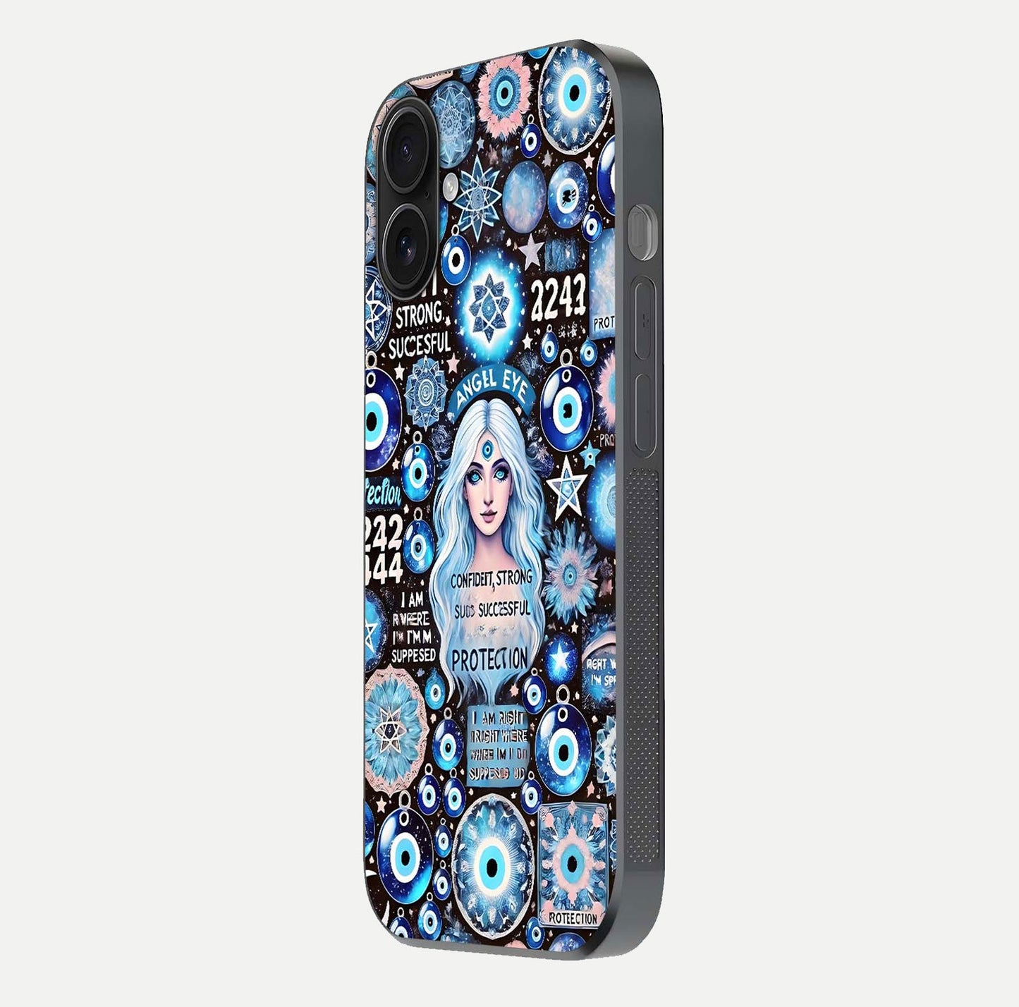 Angel Aura Shield Glass Case for iPhone 16 side-angle photo showcasing aura details and glossy surface reflection