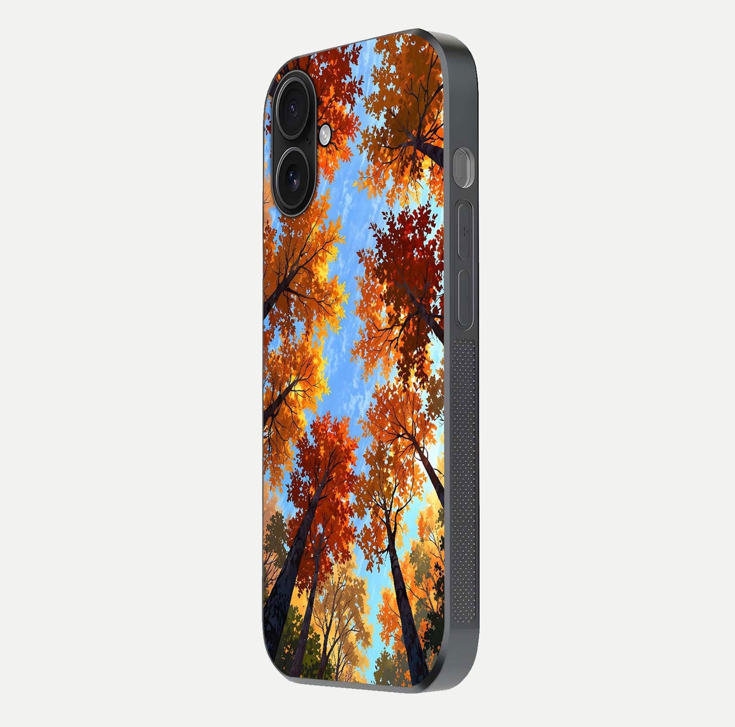 Autumn Sky Rise Glass Case for iPhone 16 side-angle showing autumn art tones and protective corners