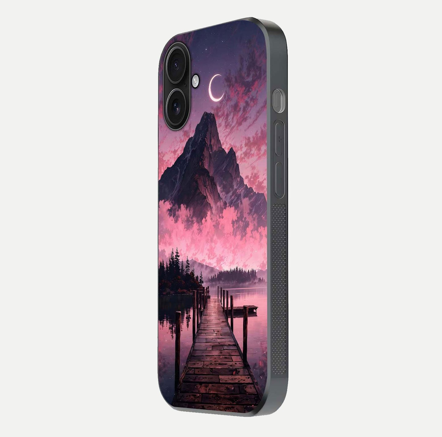 Beautyful Mountain View Glass Case for iPhone 16 side-angle image displaying mountain artwork and gloss surface
