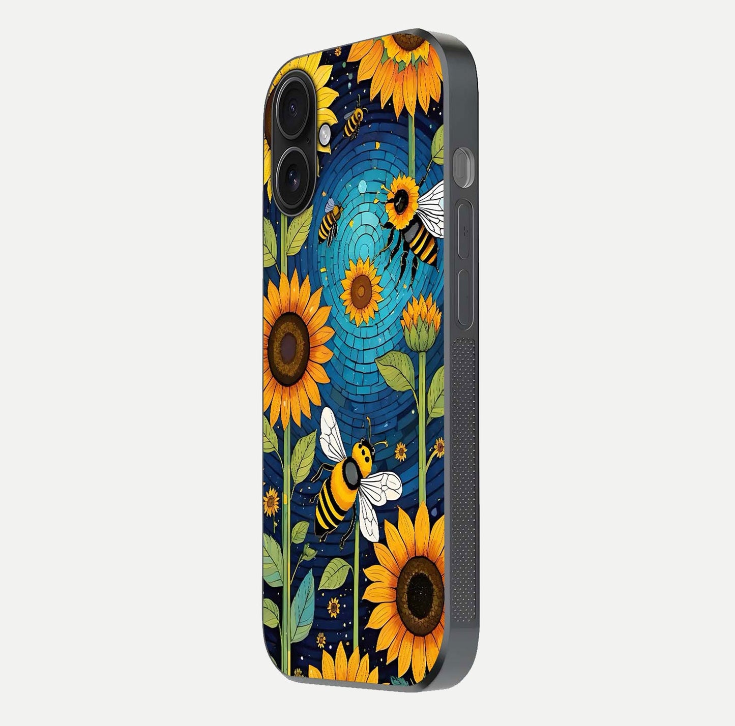 Bees & Sunflowers Glass Case for iPhone 16 side-angle image showing bee pattern alignment and shiny protective surface