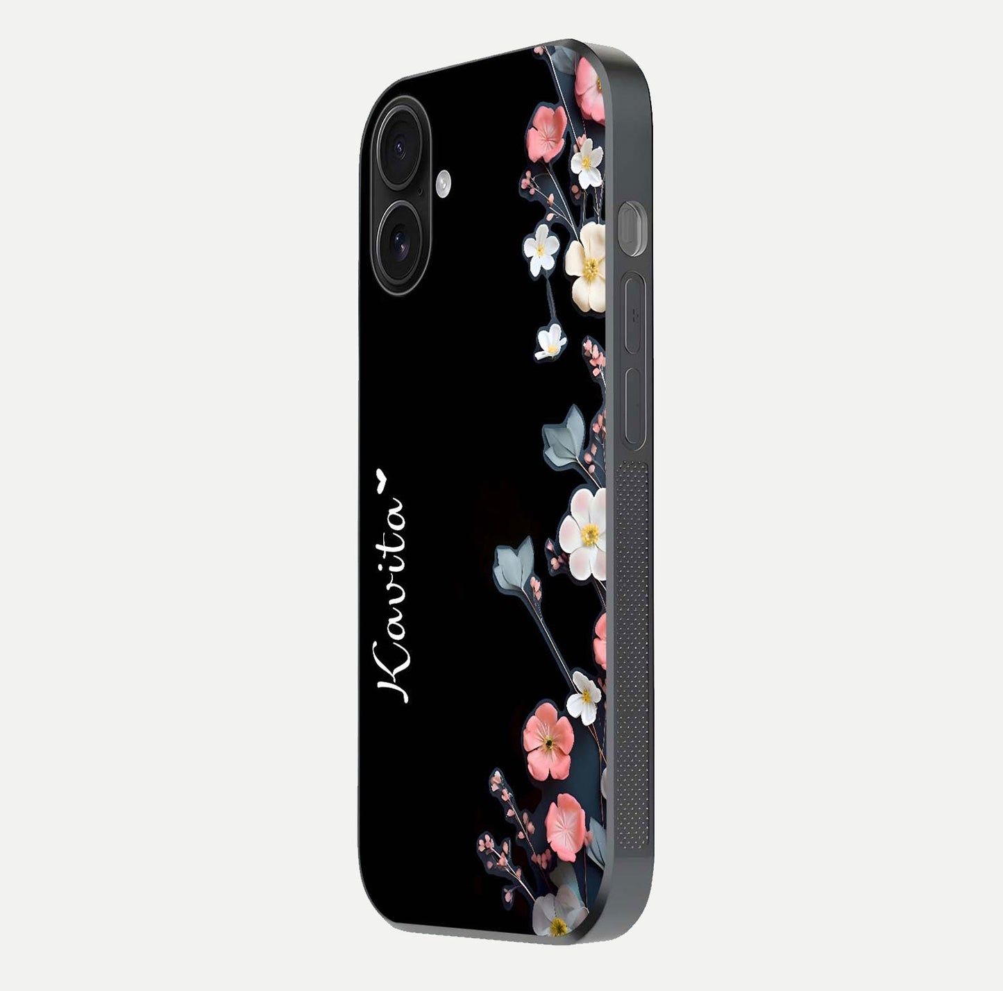 Black Elegance Floral Custom Name Glass Case for iPhone 16 side-angle showing black gloss depth and delicate print texture