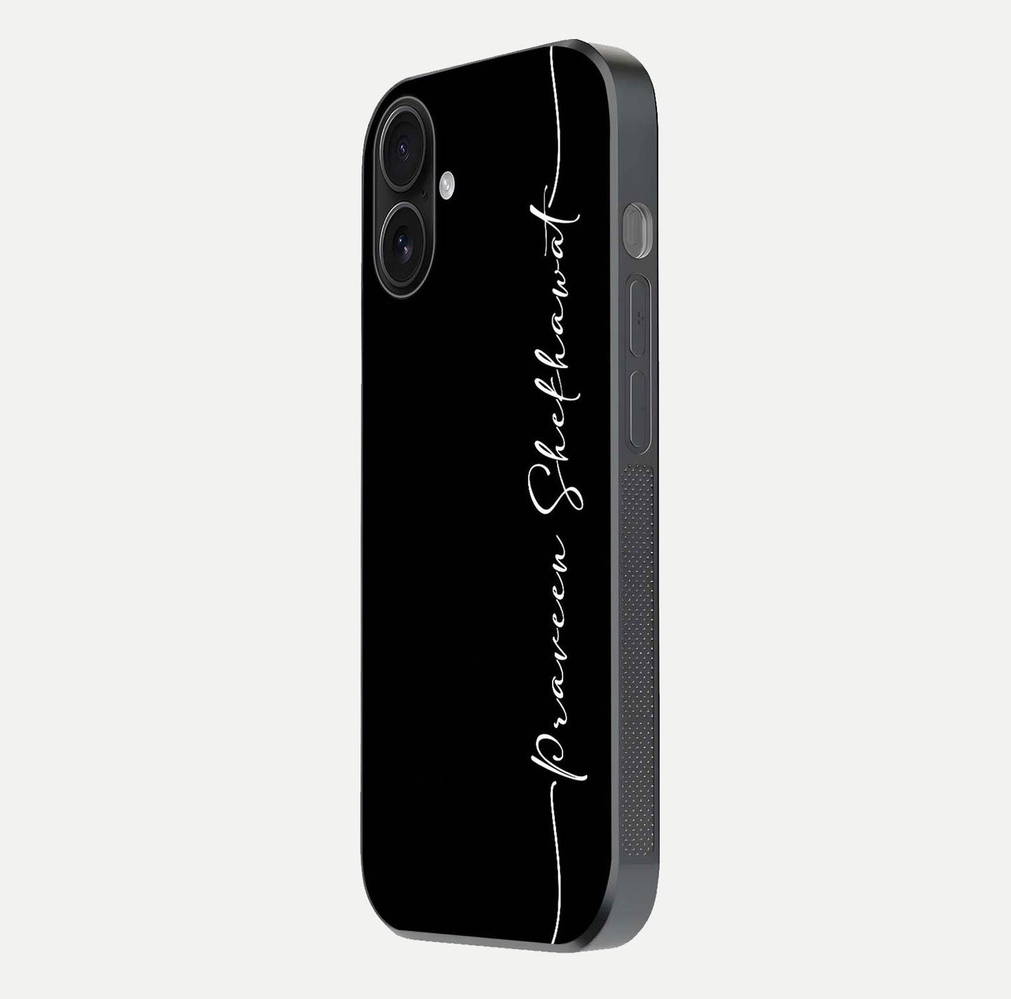 Black Tune Custom Name Glass Case for iPhone 16 side-angle photo showing mirror-like surface and slim profile