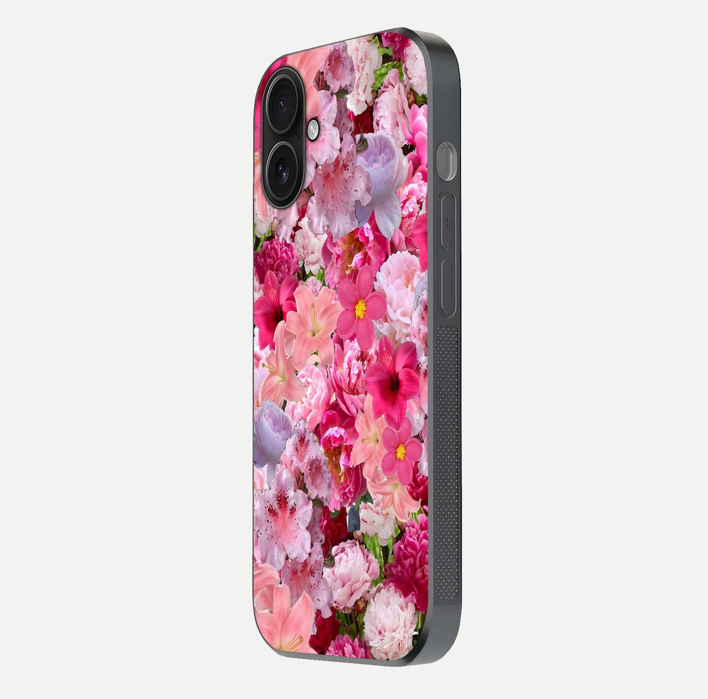 Bloom Crush Fantasy Glass Case for iPhone 16 side-angle shot with fantasy bloom art and gloss surface