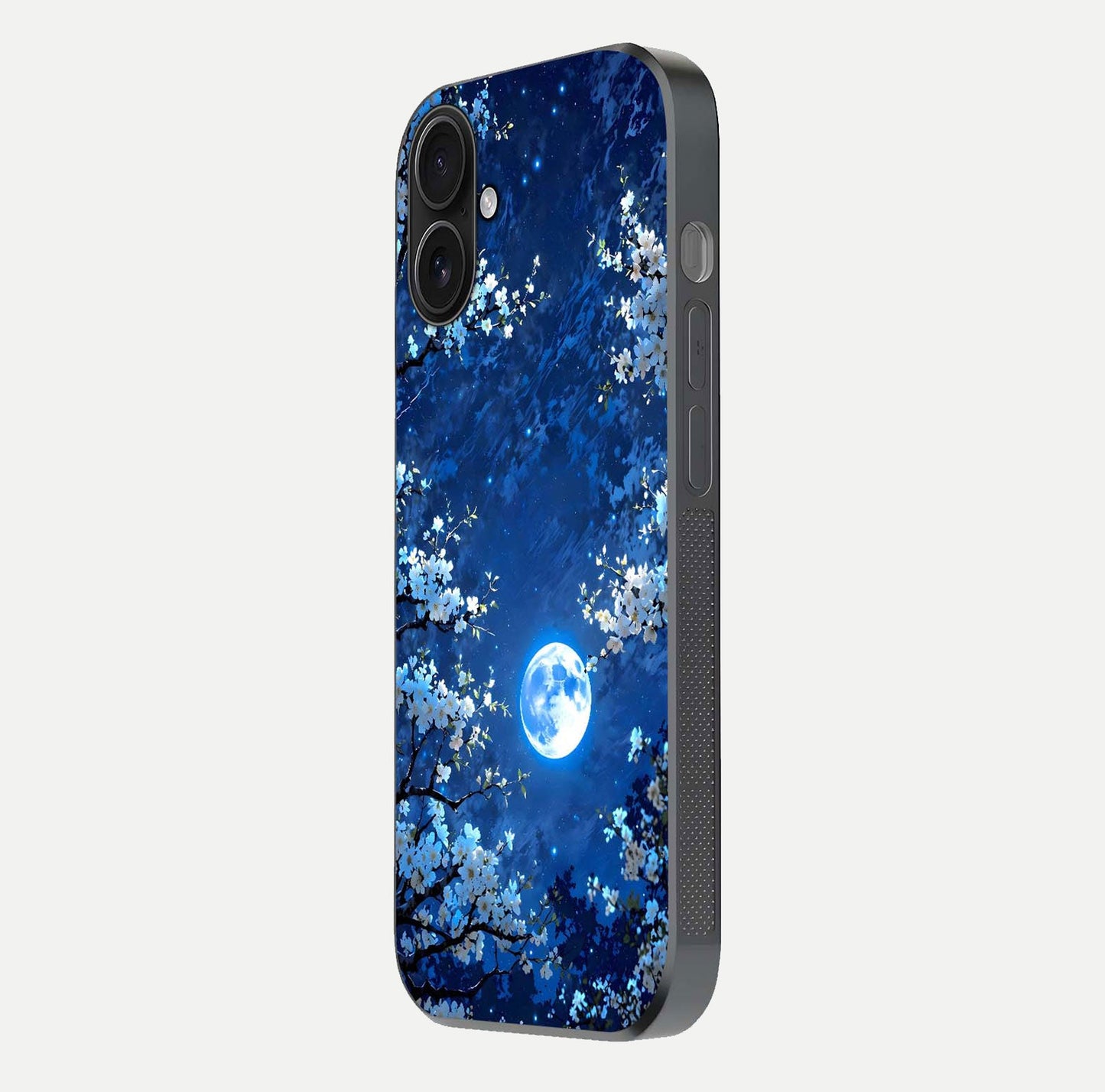 Blossom Moonlight Sky Glass Case for iPhone 16 side-angle view emphasizing moonlight tones and protective edge